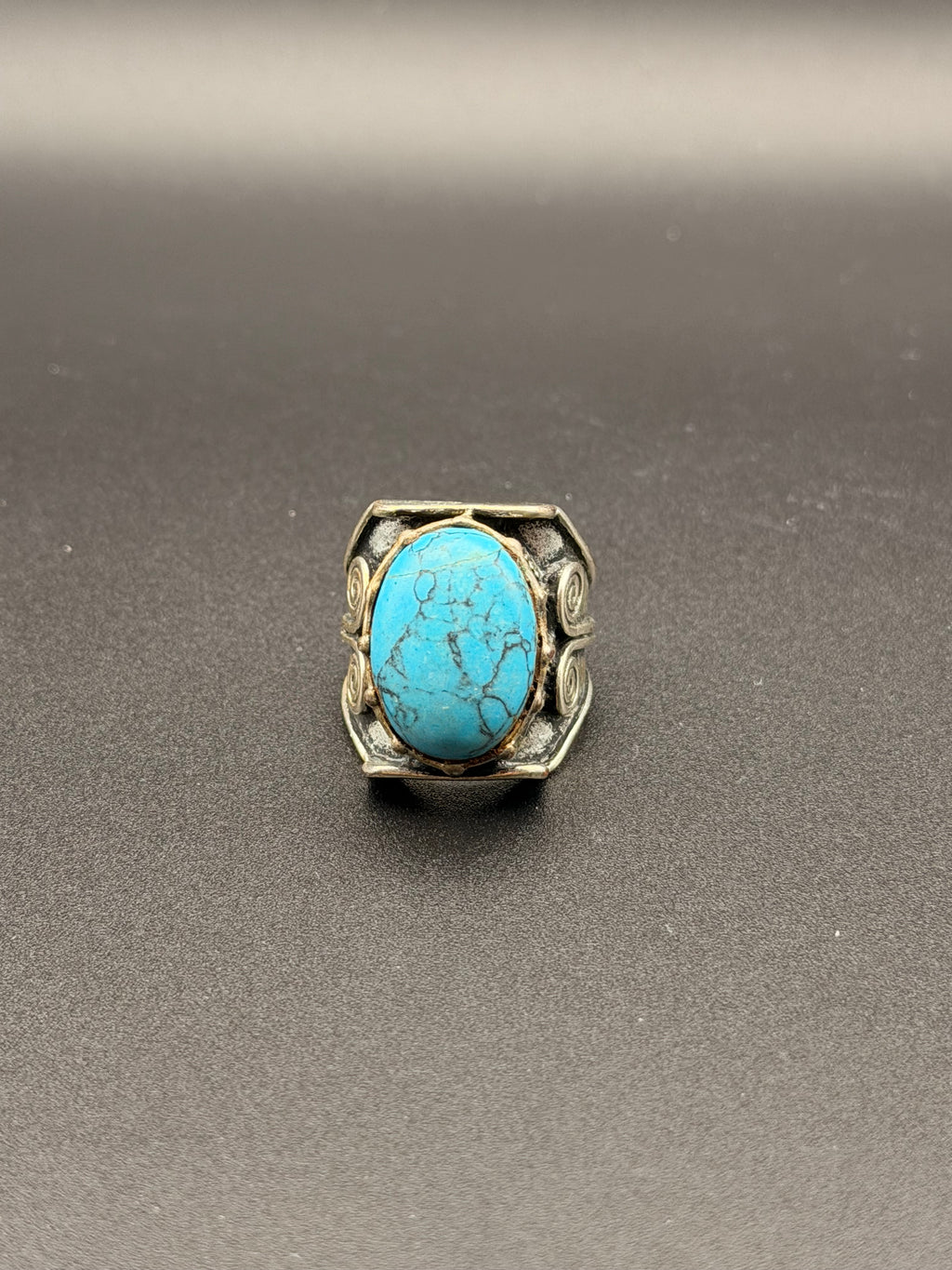 Antique Silver Tibetan Turquoise Oval Cabochon Ring | Tribal Spiral Scroll Bezel | Wide Stepped Shank