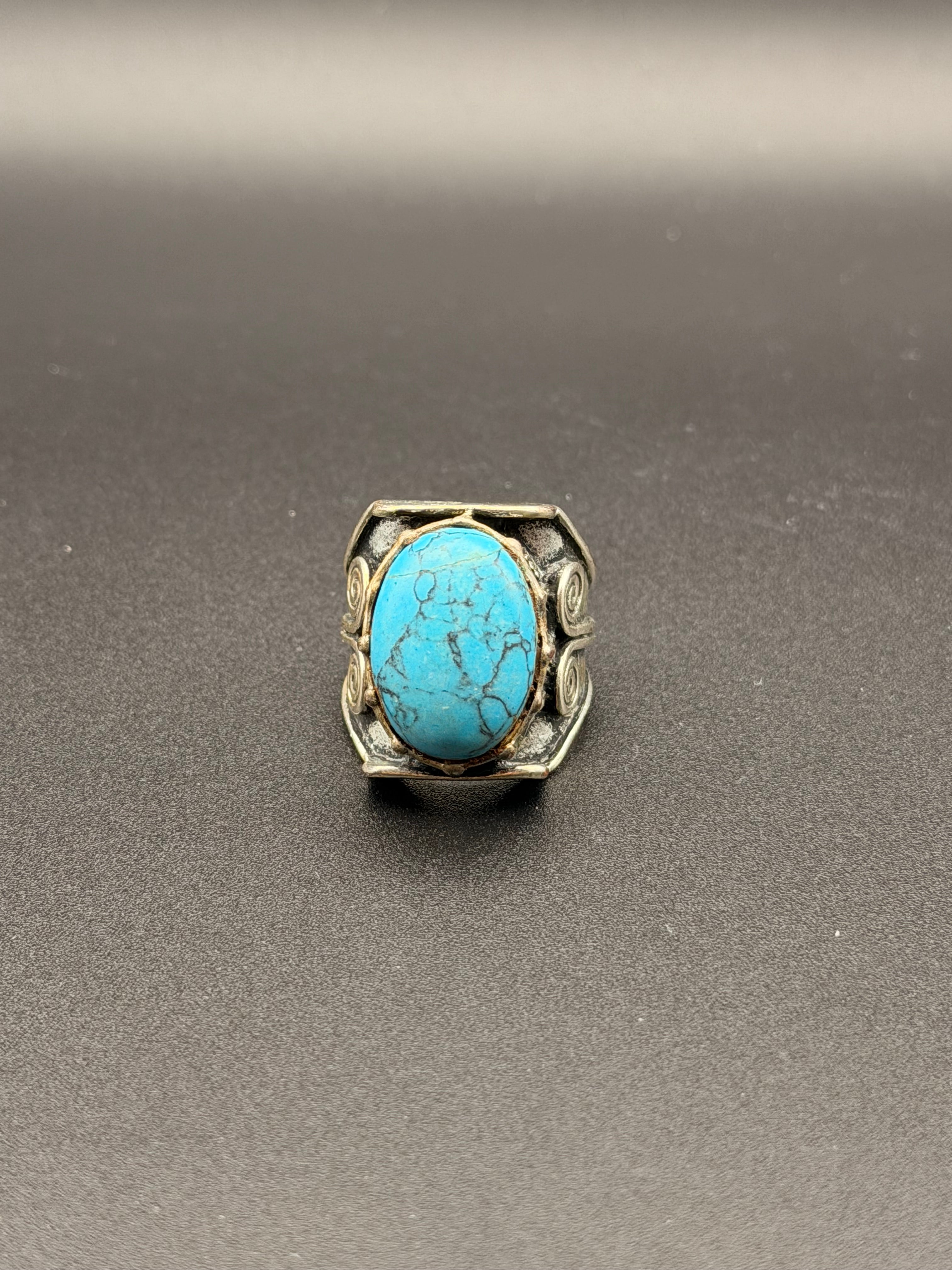 Antique Silver Tibetan Turquoise Oval Cabochon Ring | Tribal Spiral Scroll Bezel | Wide Stepped Shank
