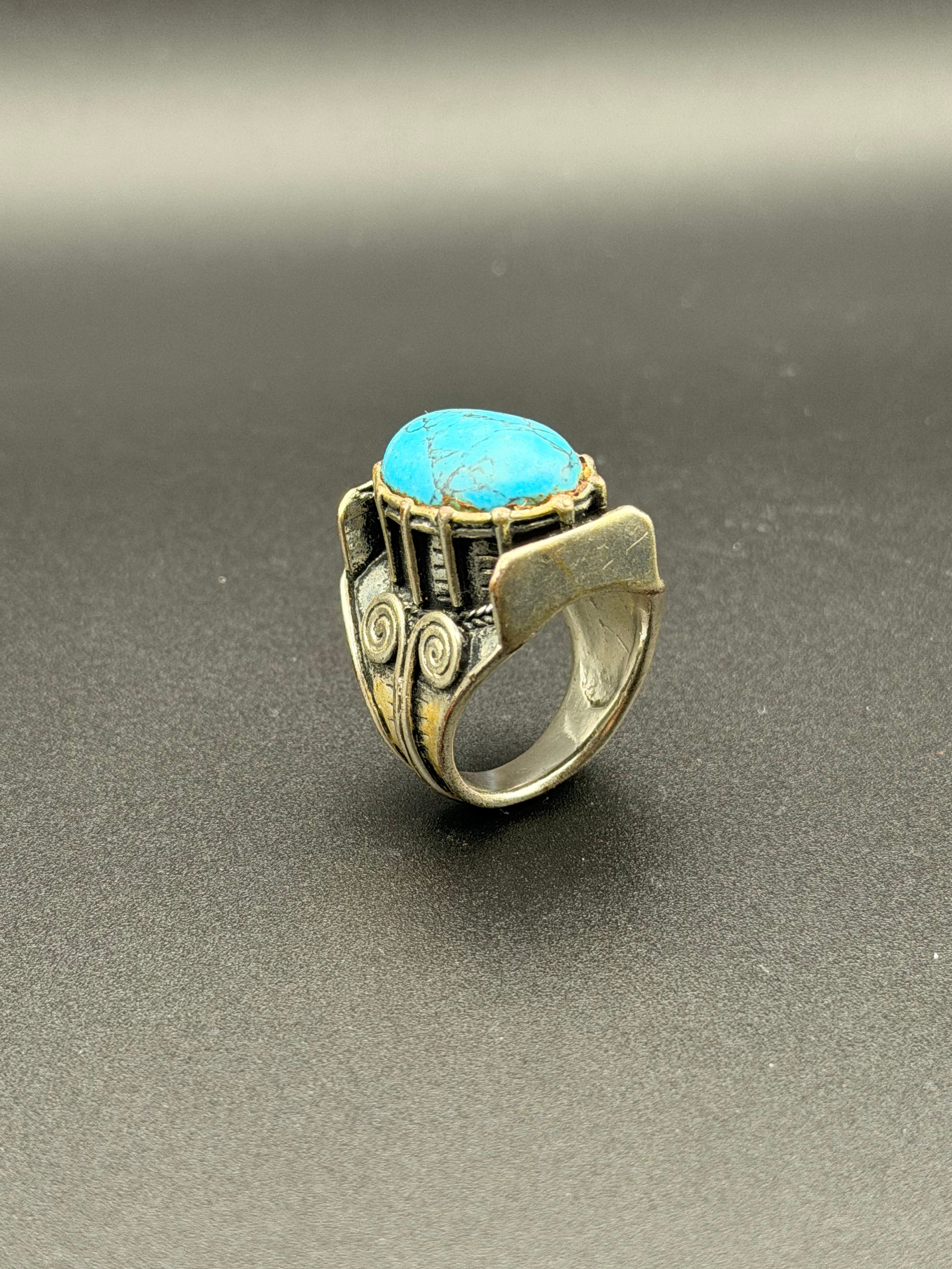 Antique Silver Tibetan Turquoise Oval Cabochon Ring | Tribal Spiral Scroll Bezel | Wide Stepped Shank