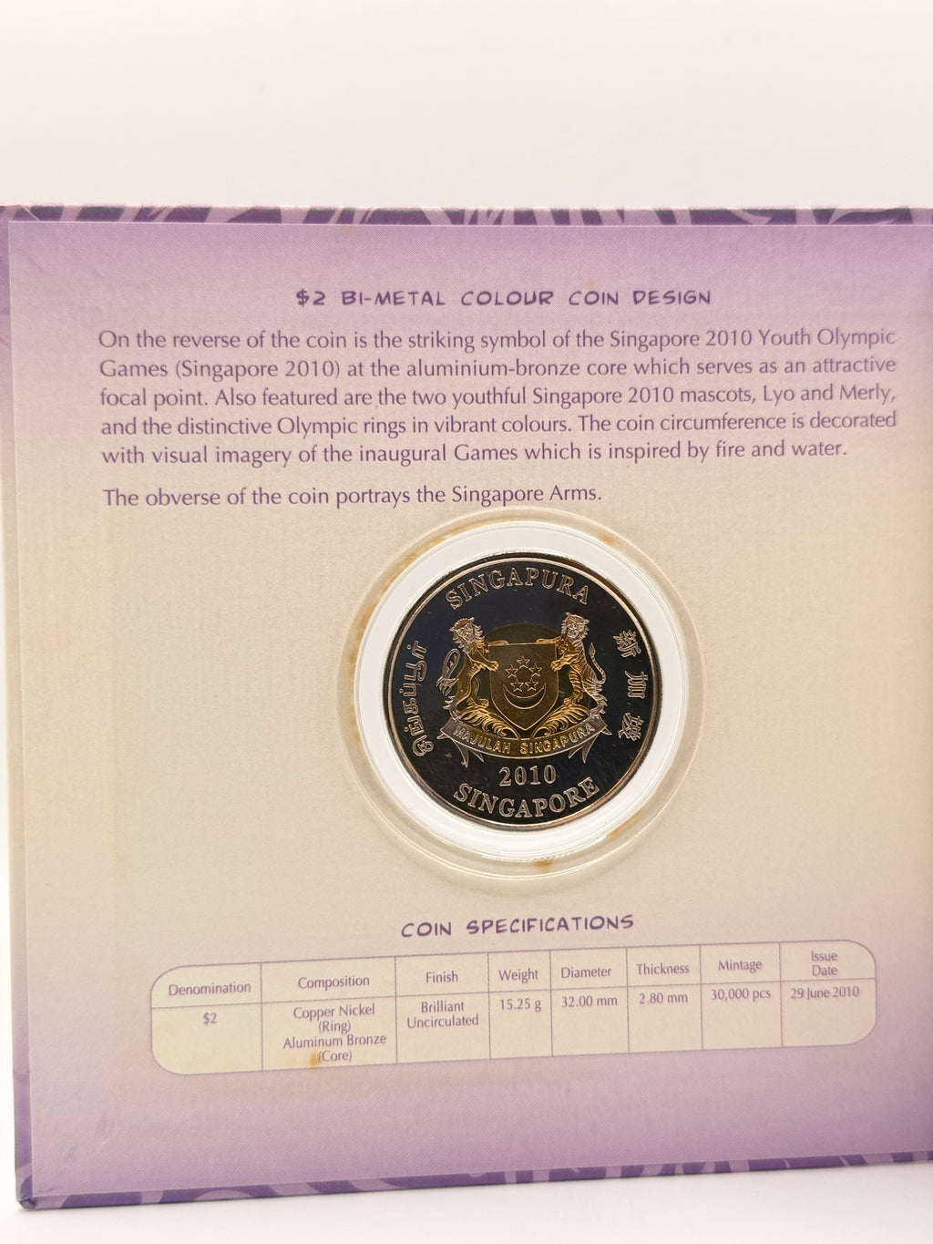 2010 Singapore Youth Olympic Games $2 Bi-Metal Brilliant Uncirculated Coin