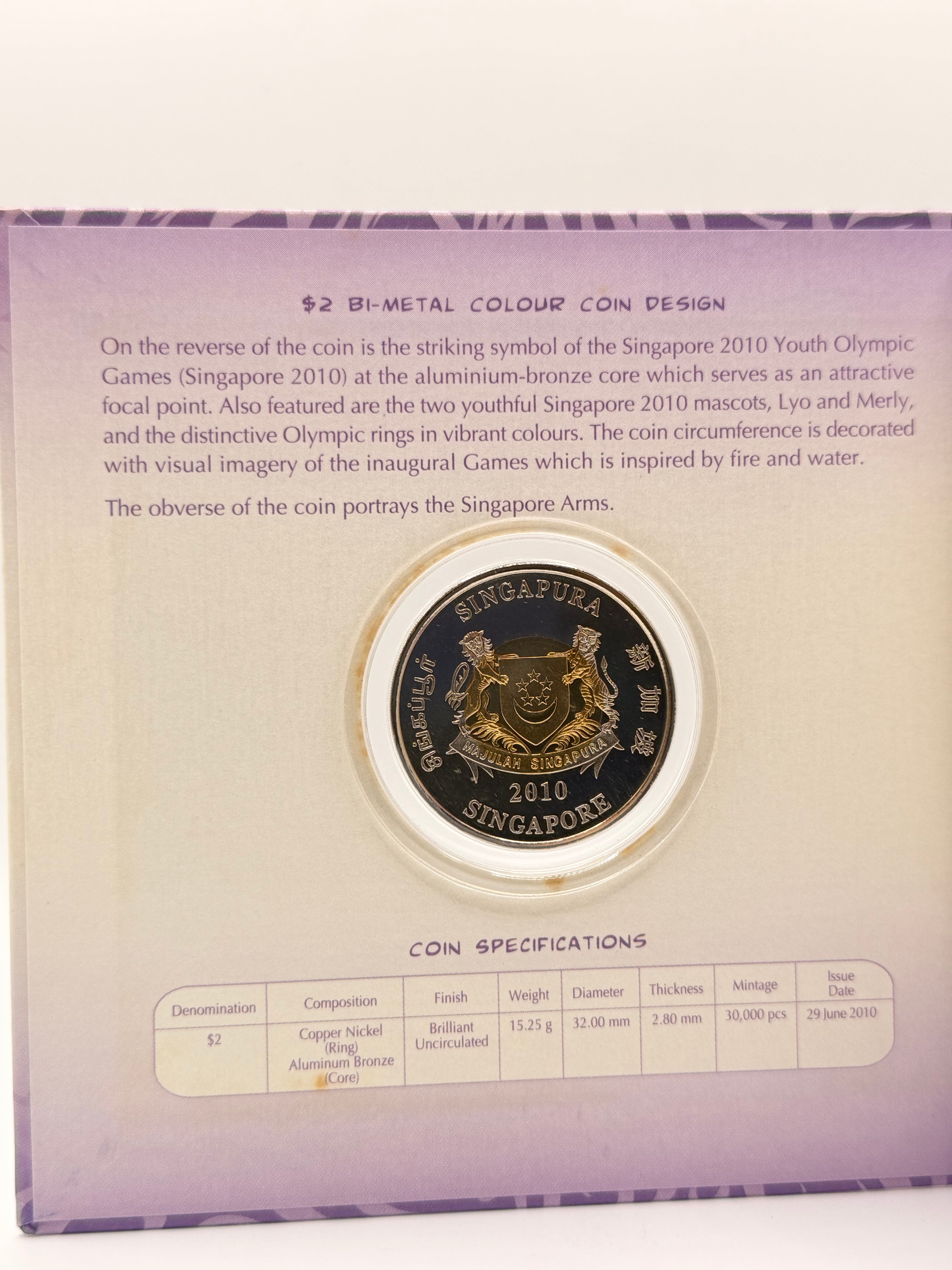 2010 Singapore Youth Olympic Games $2 Bi-Metal Brilliant Uncirculated Coin