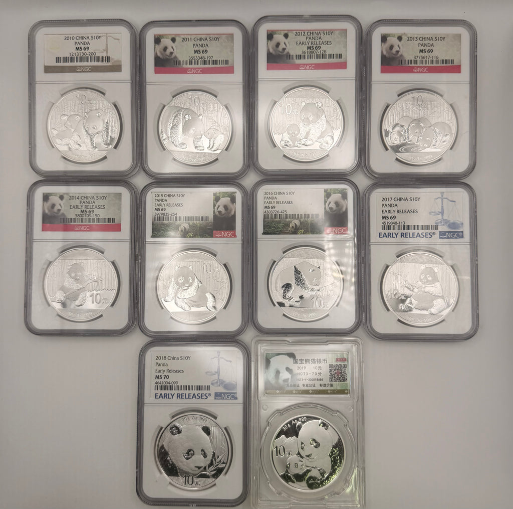 [Set of 10] 2010 - 2019 China 10 Yuan Panda Graded Coin Set
