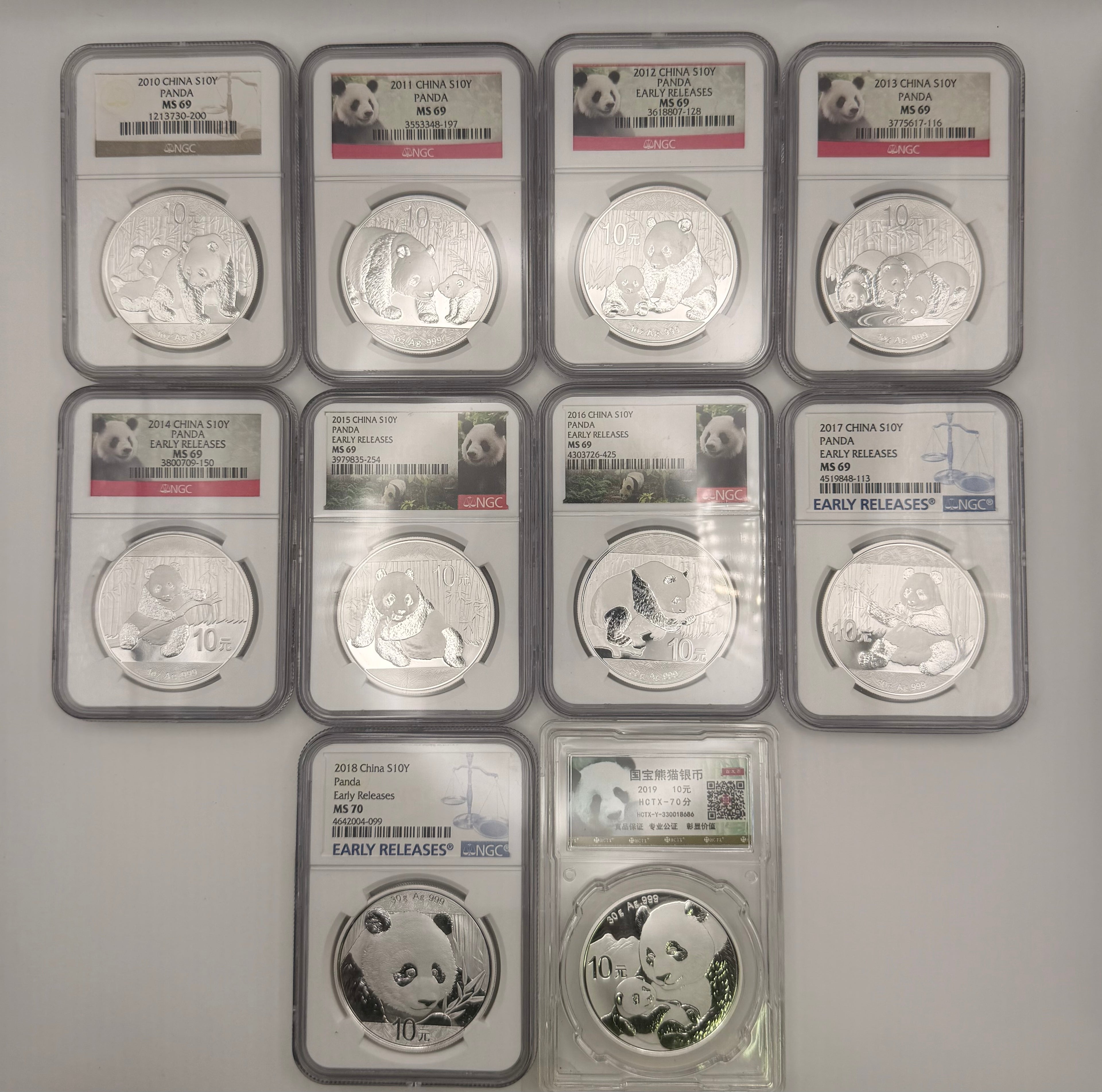 [Set of 10] 2010 - 2019 China 10 Yuan Panda Graded Coin Set