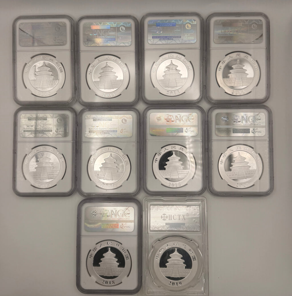 [Set of 10] 2010 - 2019 China 10 Yuan Panda Graded Coin Set