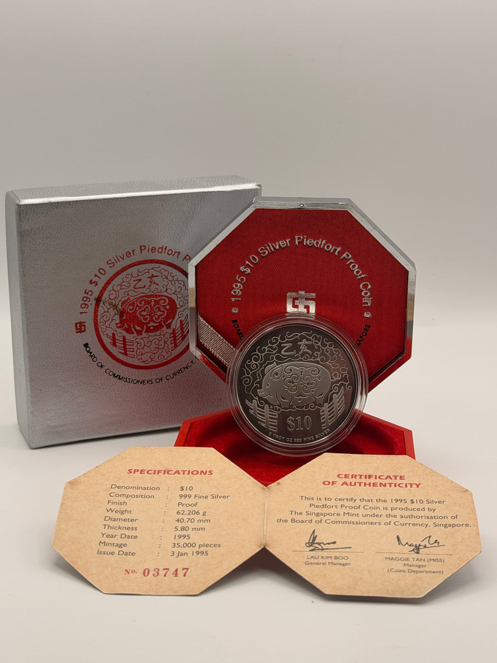 1995 Singapore $10 Silver Piedfort Proof Coin (Year of Pig)