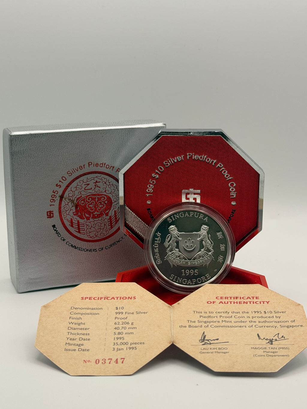 1995 Singapore $10 Silver Piedfort Proof Coin (Year of Pig)