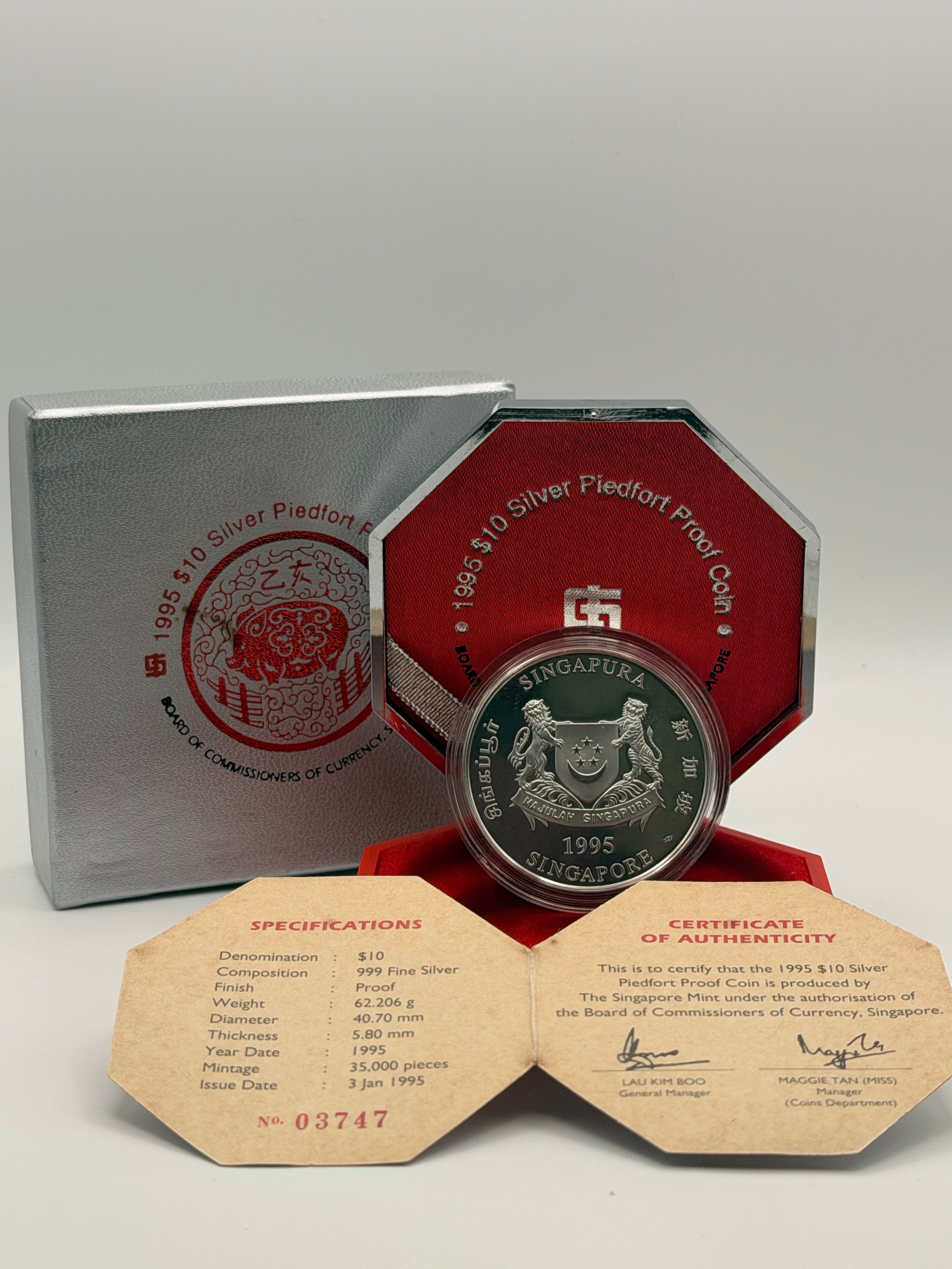 1995 Singapore $10 Silver Piedfort Proof Coin (Year of Pig)