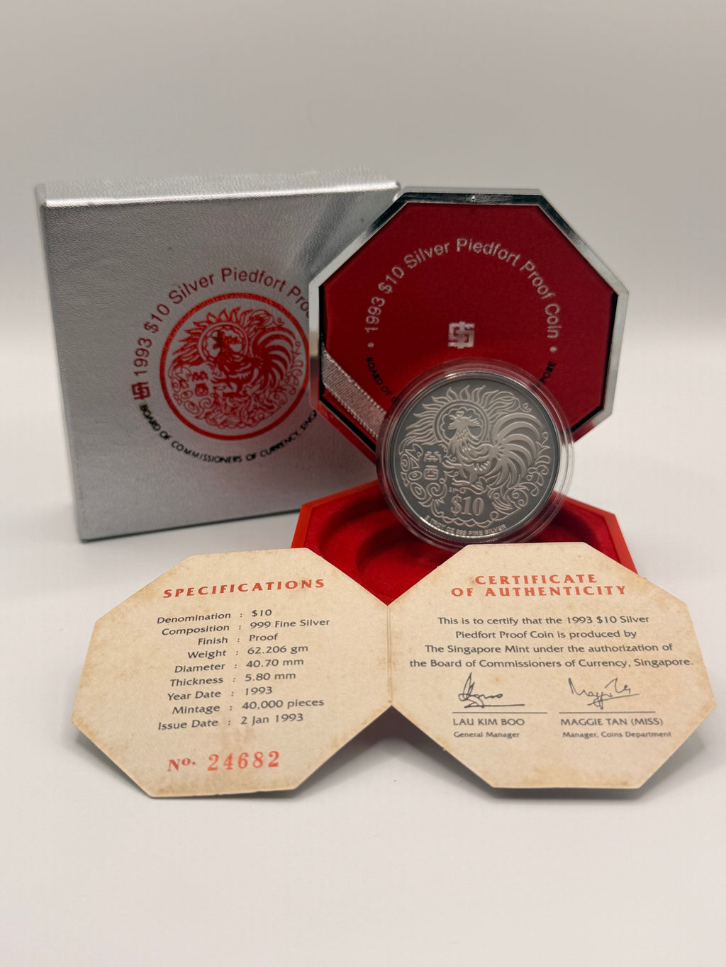 1993 Singapore $10 Silver Piedfort Proof Coin (Year of the Chicken)