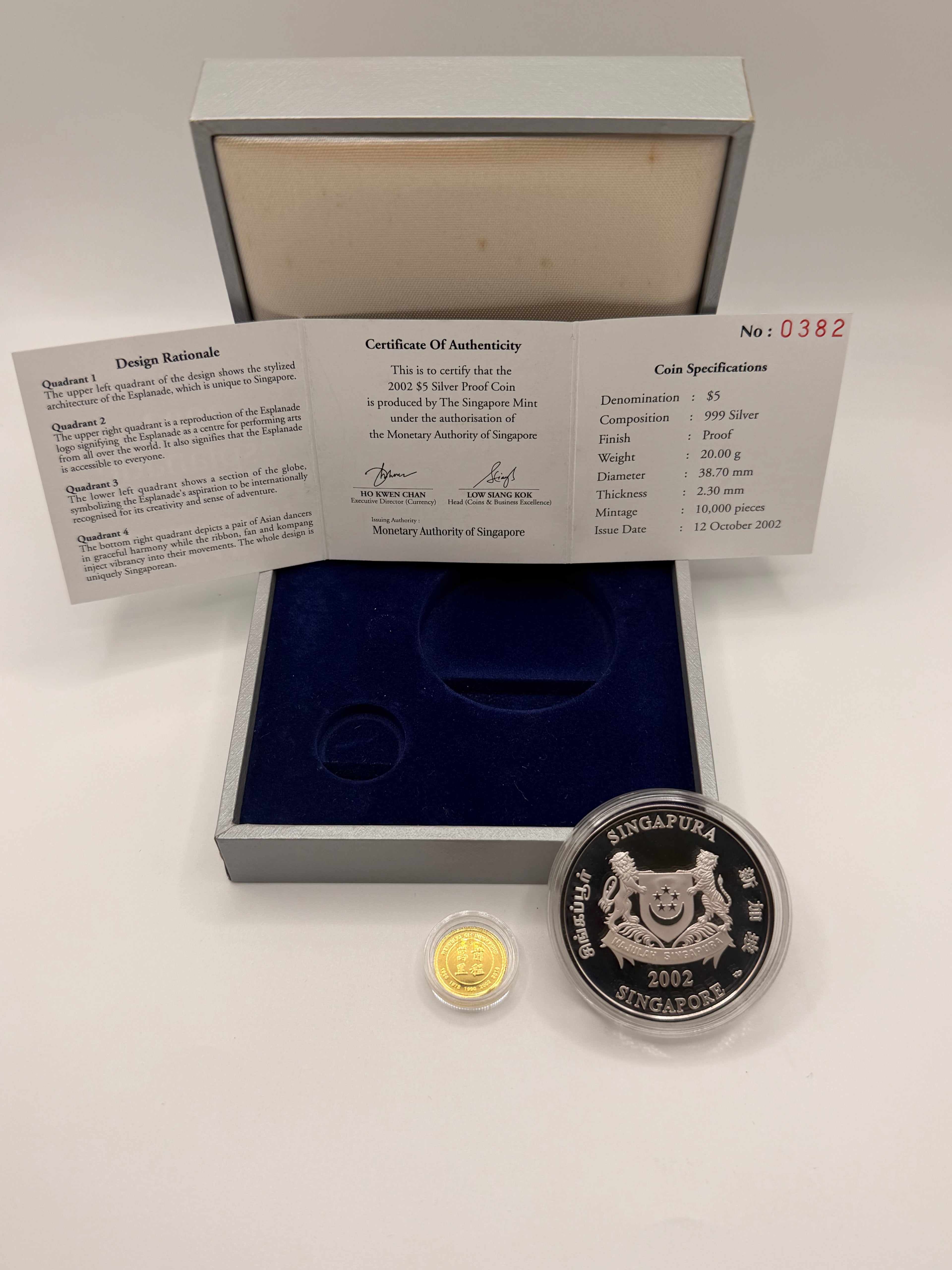 2002 Singapore $5 Esplanade Silver Proof & Gold Coin Set