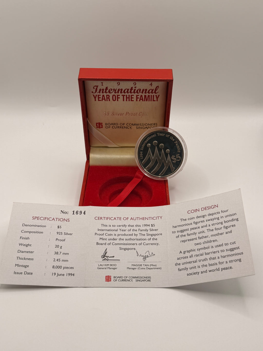 1994 Singapore International Year of the Family $5 Silver Proof Coin