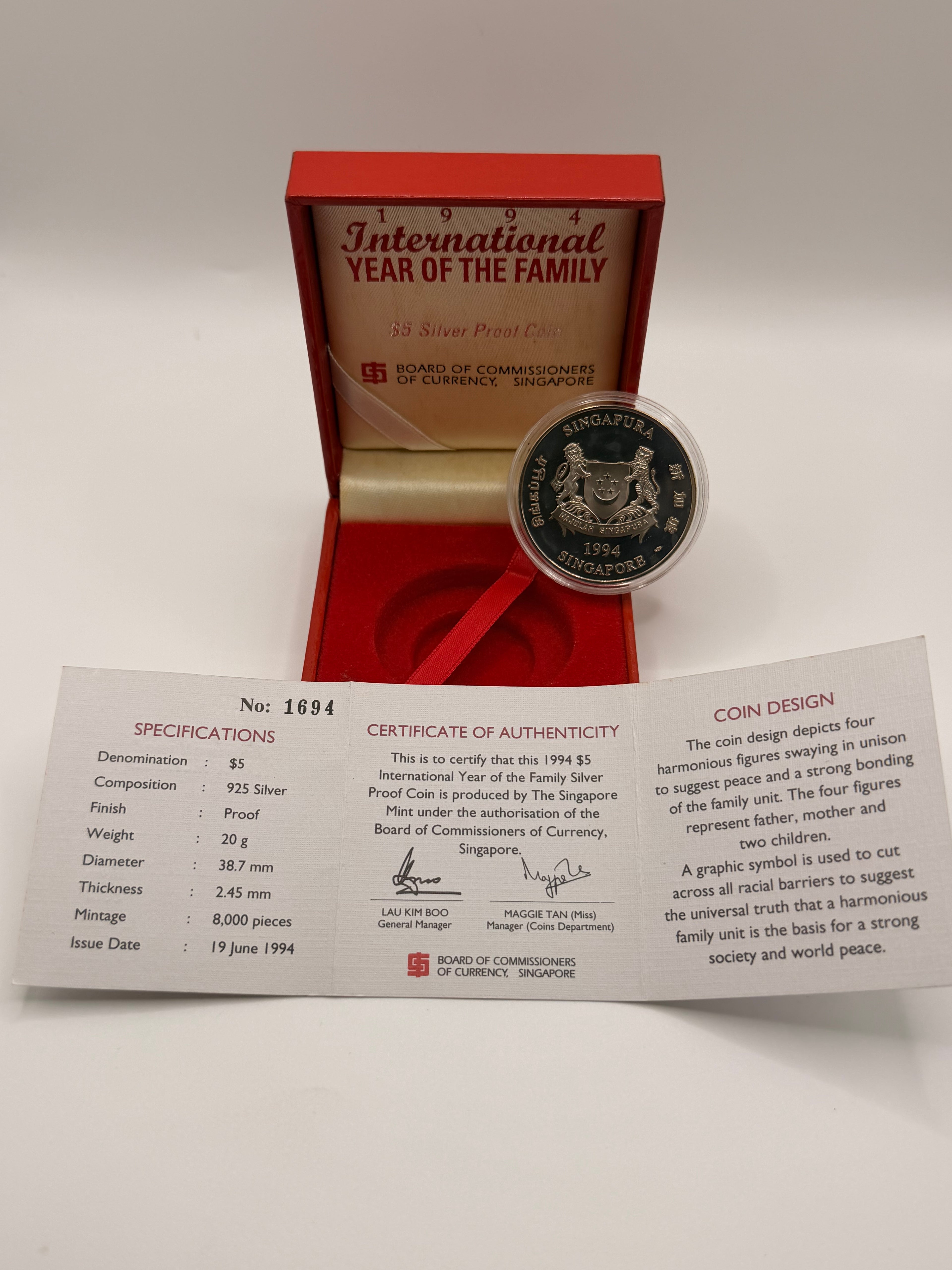 1994 Singapore International Year of the Family $5 Silver Proof Coin
