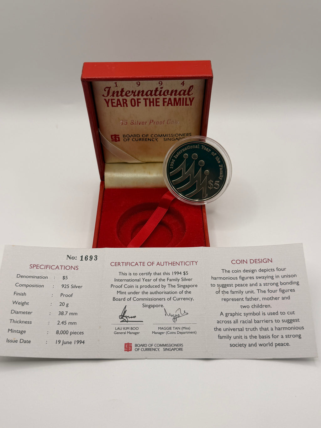 1994 Singapore International Year of the Family $5 Silver Proof Coin