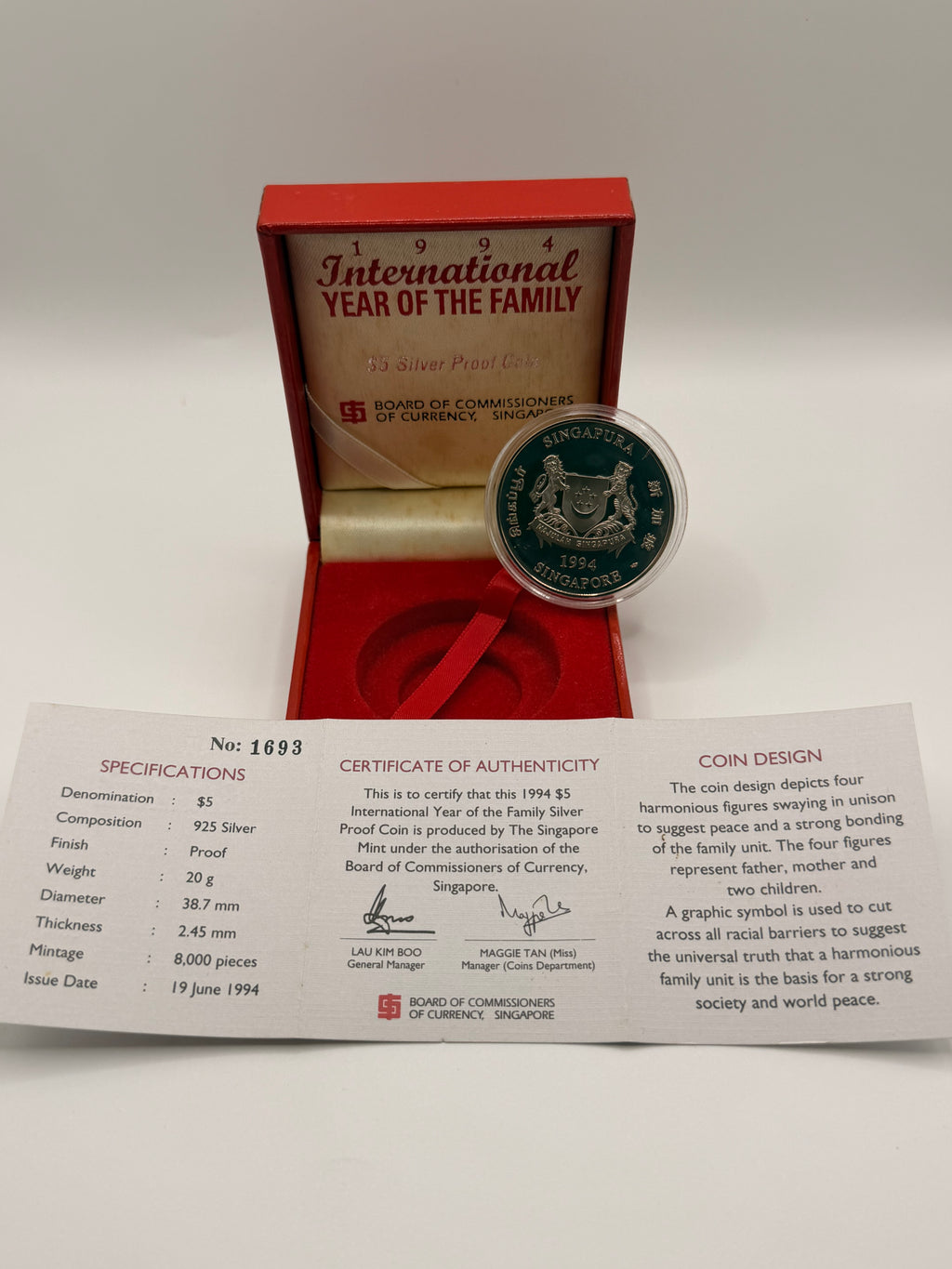 1994 Singapore International Year of the Family $5 Silver Proof Coin