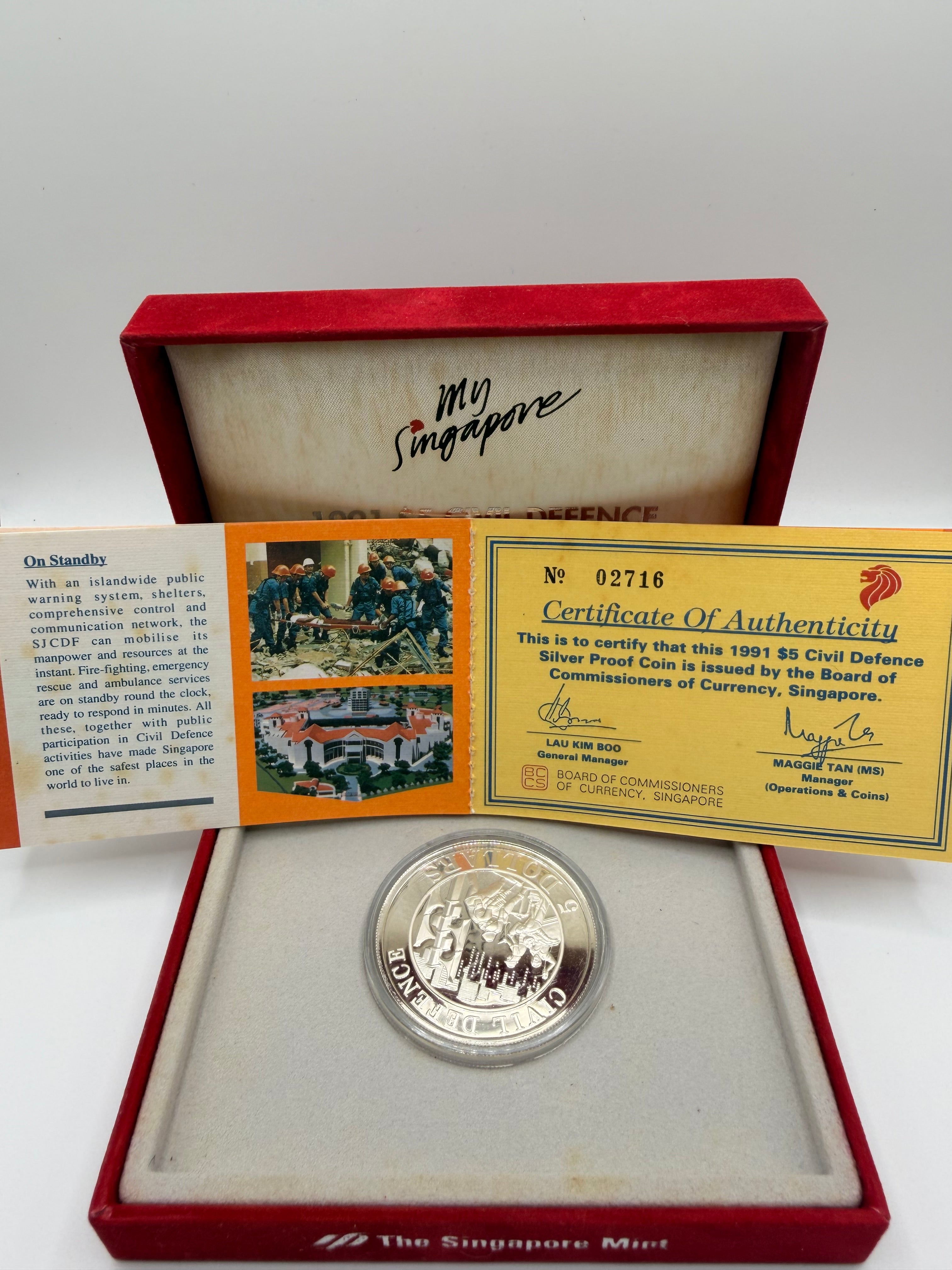 1991 Singapore $5 Civil Defence Silver Proof Coin