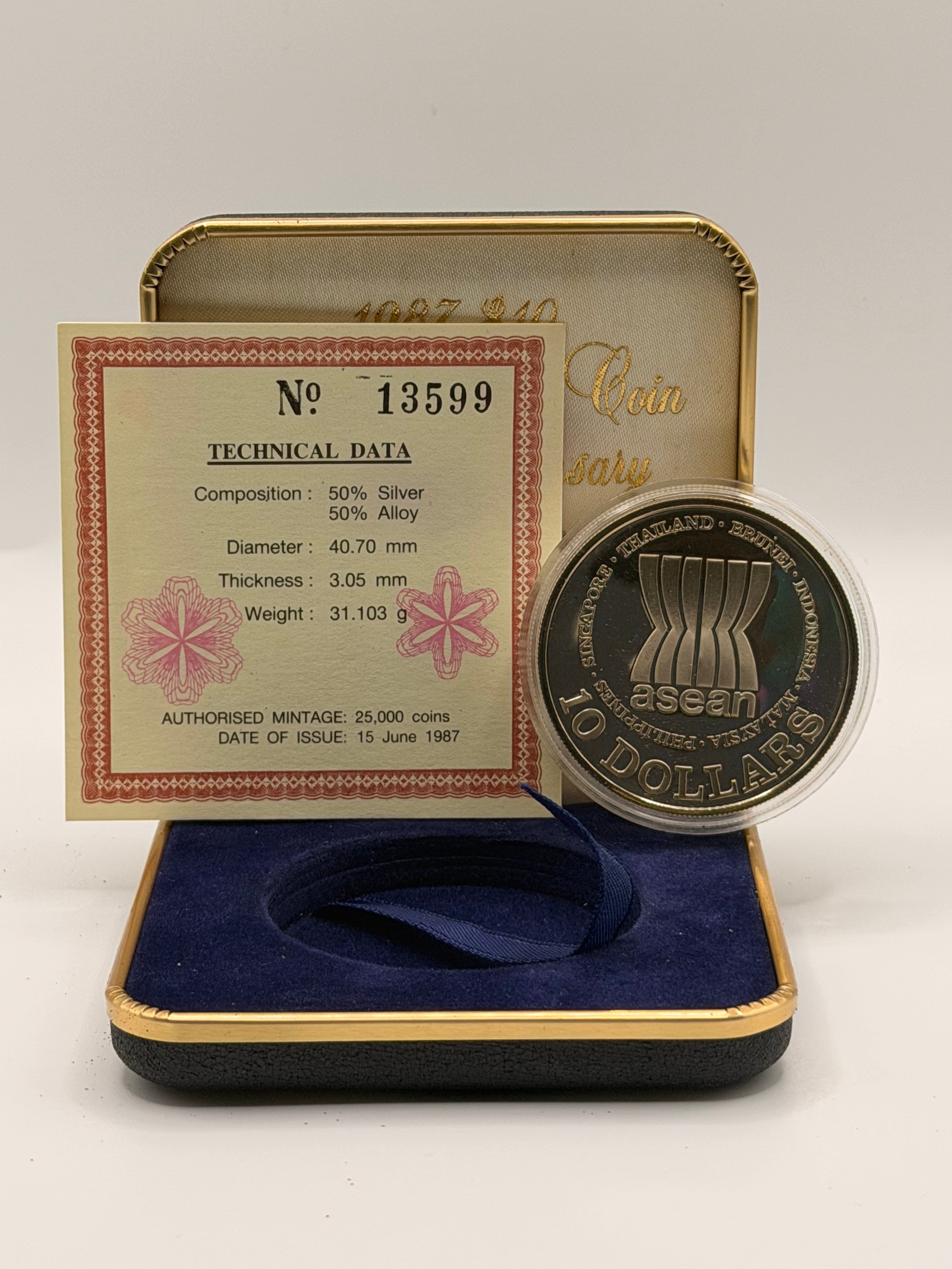 1987 - Singapore $10 Silver Proof Coin 20th Anniversary of Asean