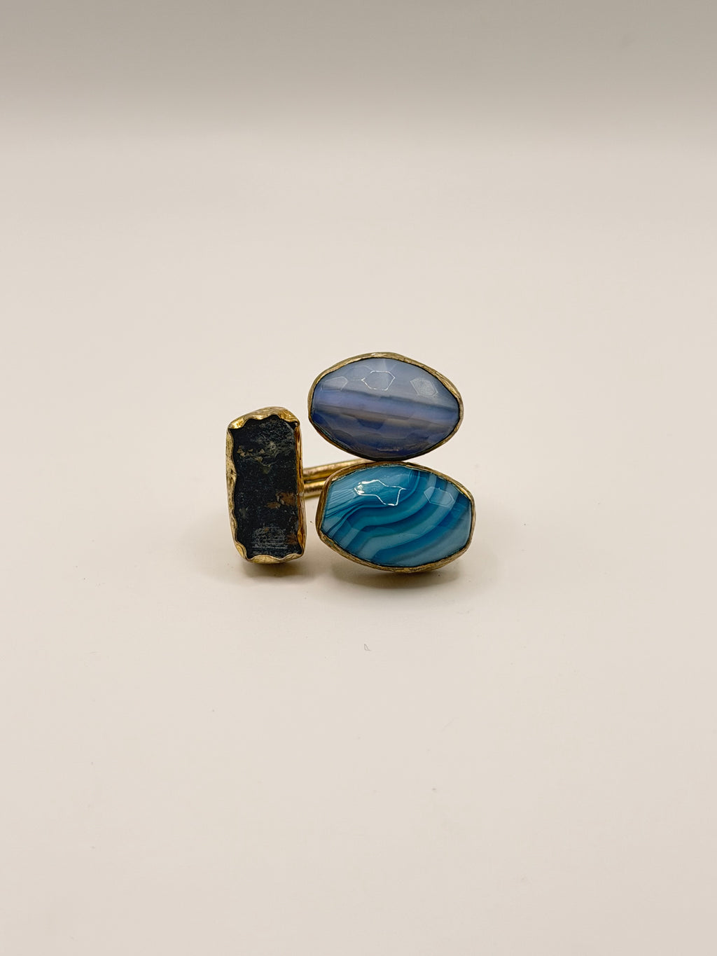 Gold-Tone Triple Stone Ring in Blue, Lavender & Black