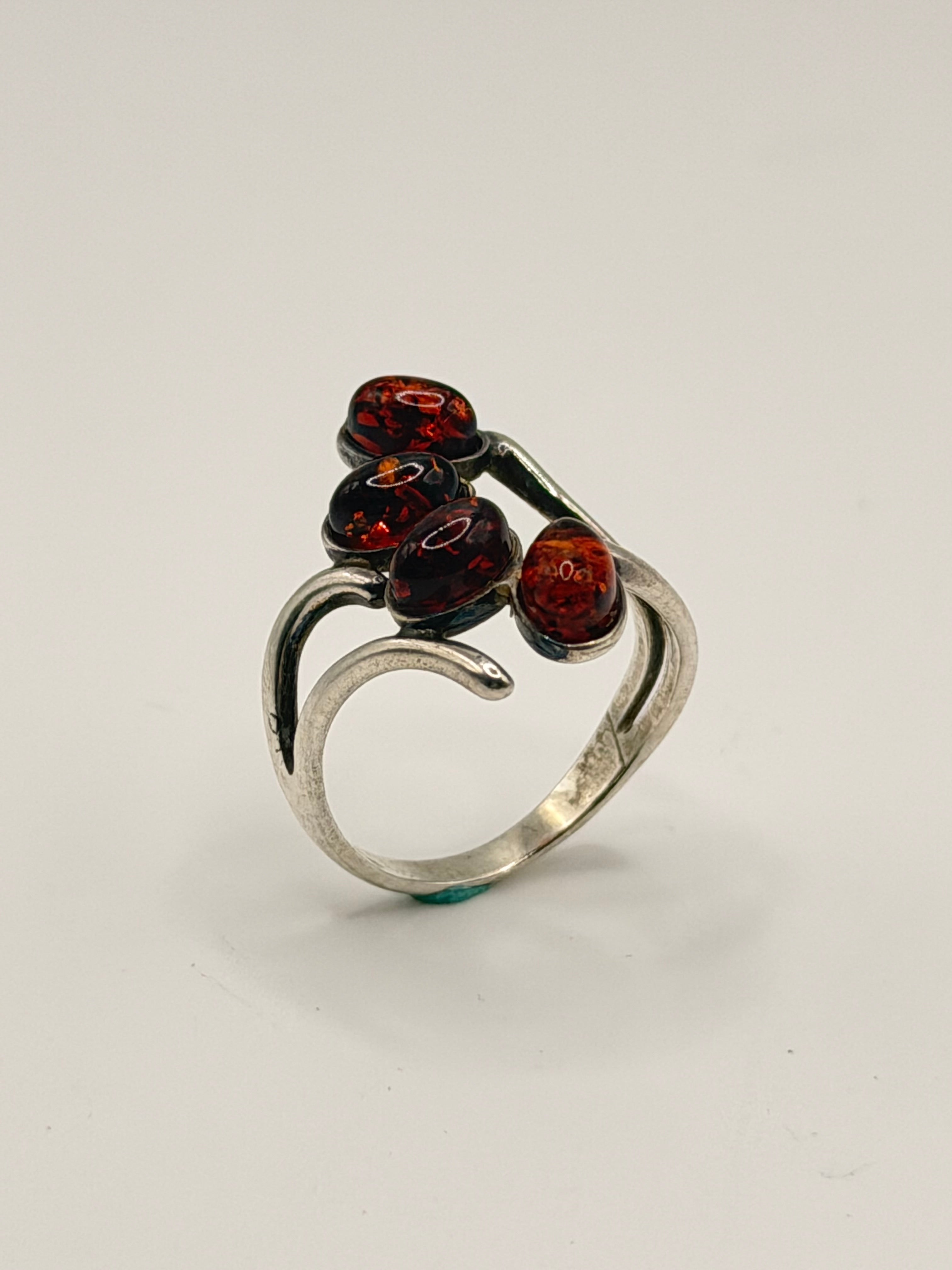 925 Silver Four-Stone Amber-Coloured Open Ring