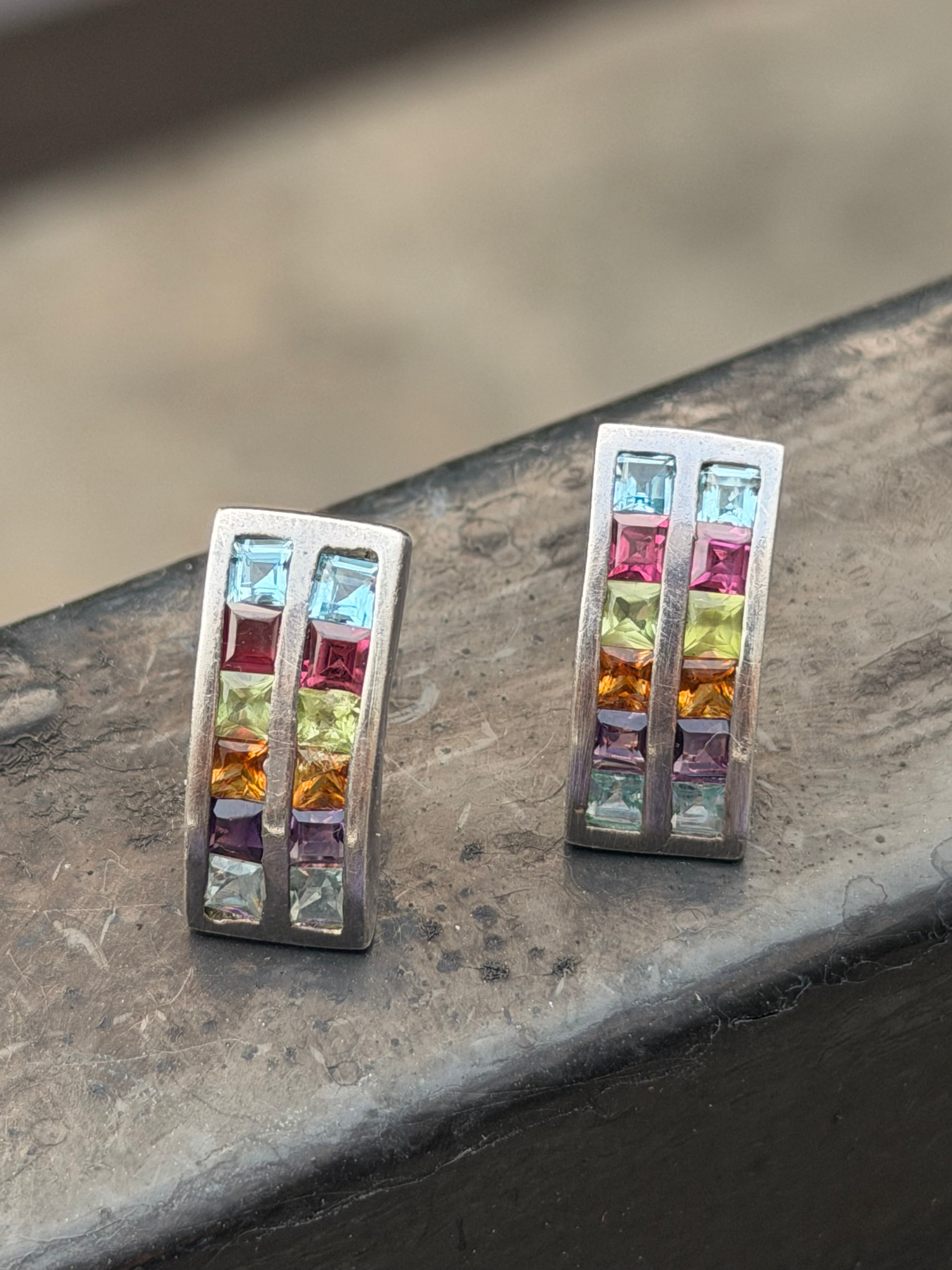 925 Silver Garnet, Blue Topaz & Green Garnet Stud Earrings