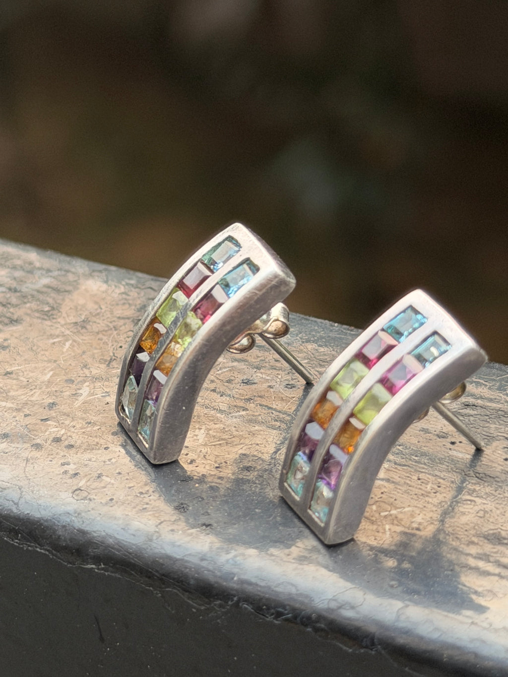 925 Silver Garnet, Blue Topaz & Green Garnet Stud Earrings