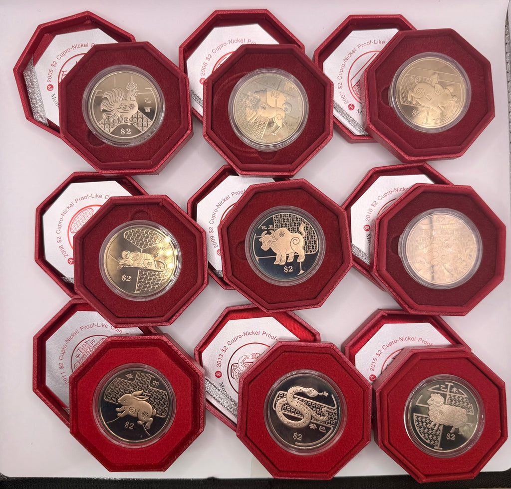 [Set of 9] 2005 - 2015 Singapore Lunar Cupro-Nickel $2 Coin