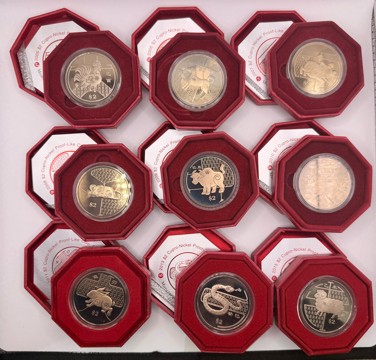 [Set of 9] 2005 - 2015 Singapore Lunar Cupro-Nickel $2 Coin