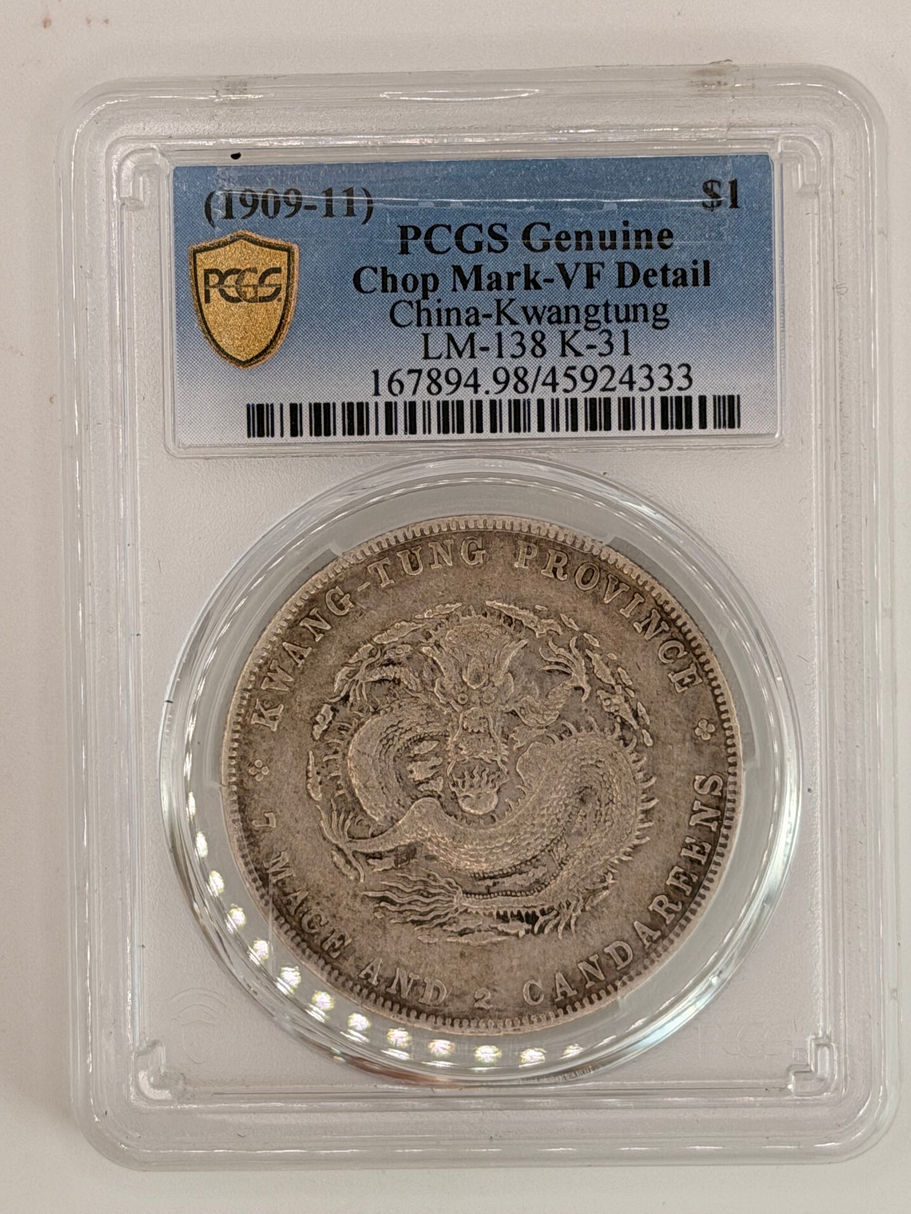 1909-11 China Kwangtung $1 PCGS Genuine Chop Mark VF Detail Qing Dragon Dollar Obverse