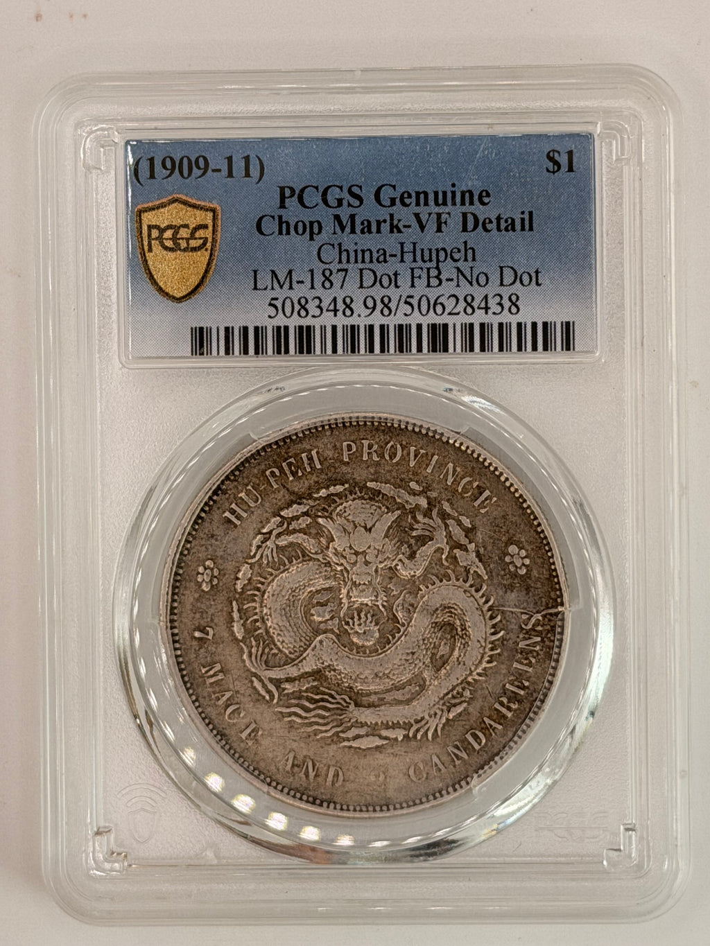 1909 China Hupeh $1 PCGS Genuine Chop Mark VF Detail LM-182 Qing Silver Dollar Obverse