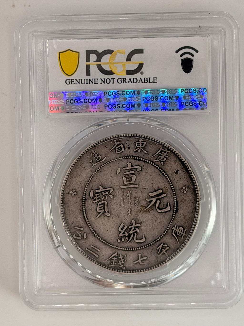 1909 China Kwangtung $1 PCGS Genuine Chop Mark XF Detail LM-133 Qing Dragon Dollar Reverse