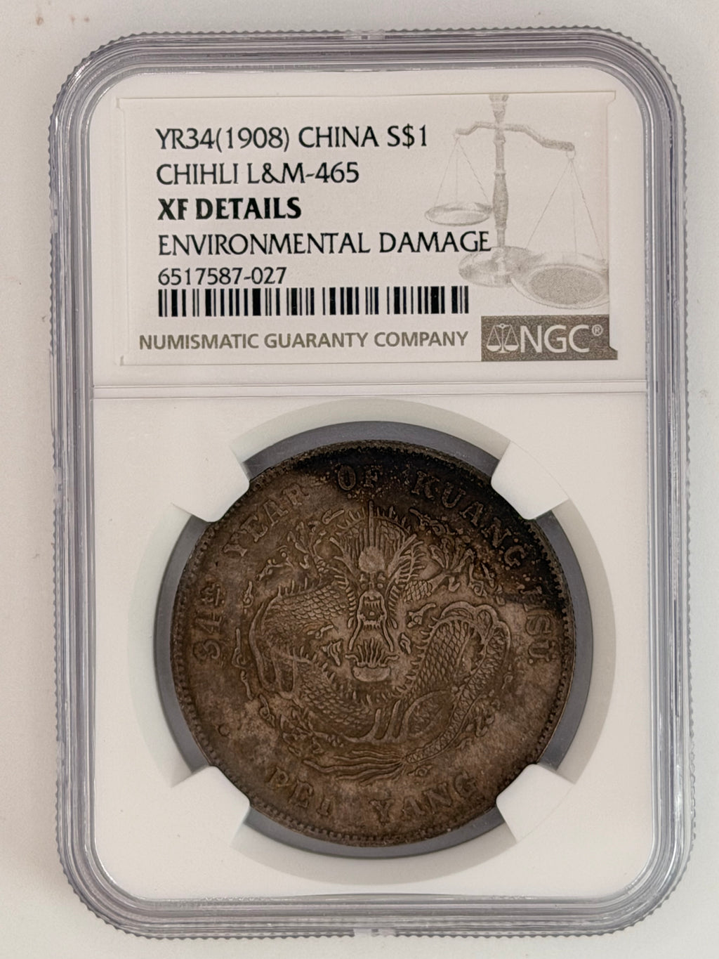 1908 China Chihli Year 34 $1 Environmental Damage XF Details