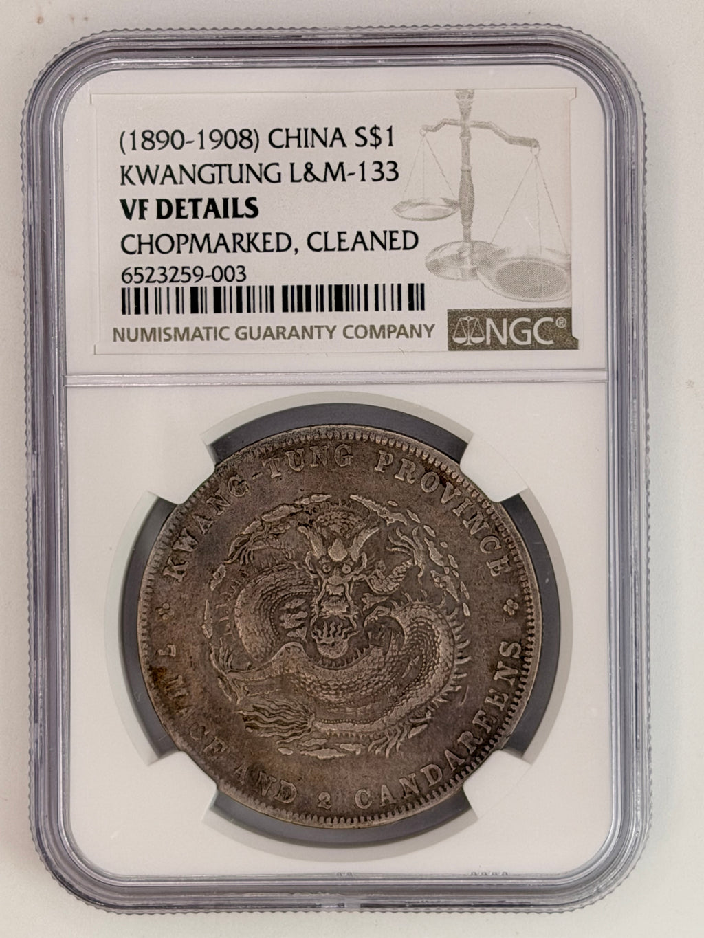 1890-1908 China Kwangtung $1 Chopmarked Cleaned