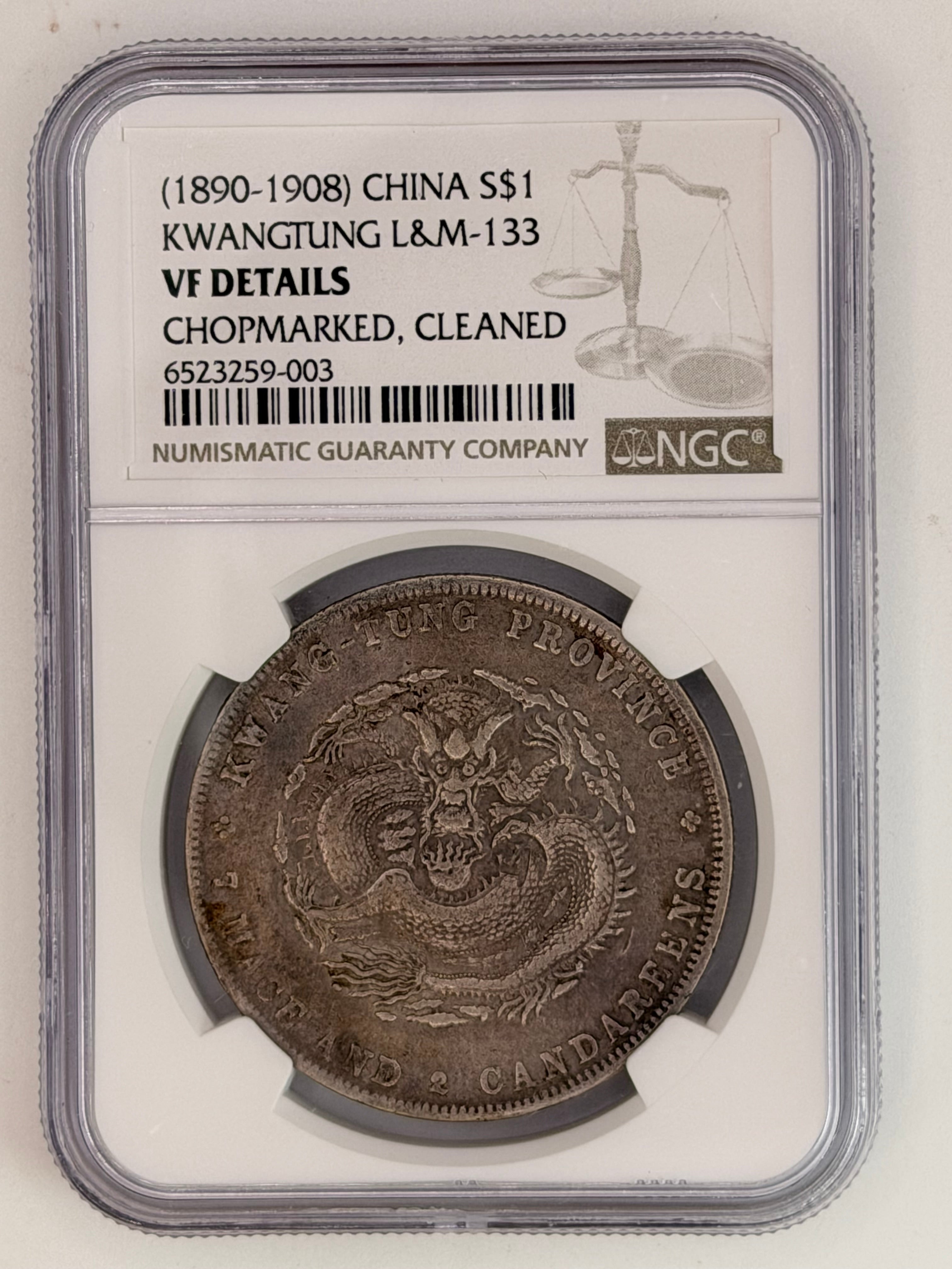 1890-1908 China Kwangtung $1 Chopmarked Cleaned