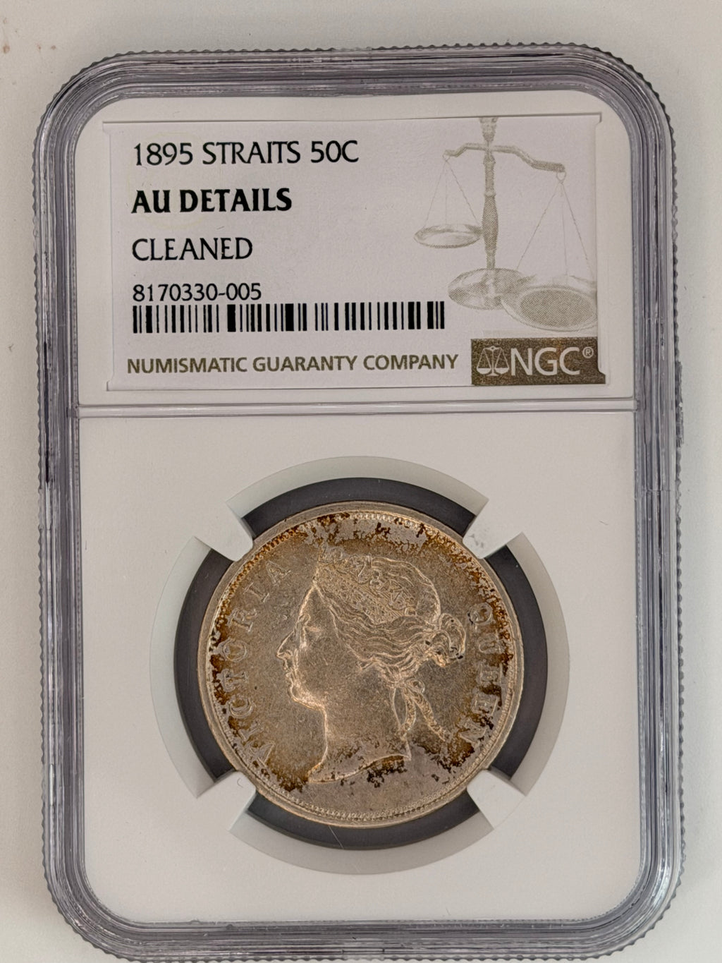 1895 Straits Settlements 50 Cents AU Details Cleaned NGC Silver Coin Obverse