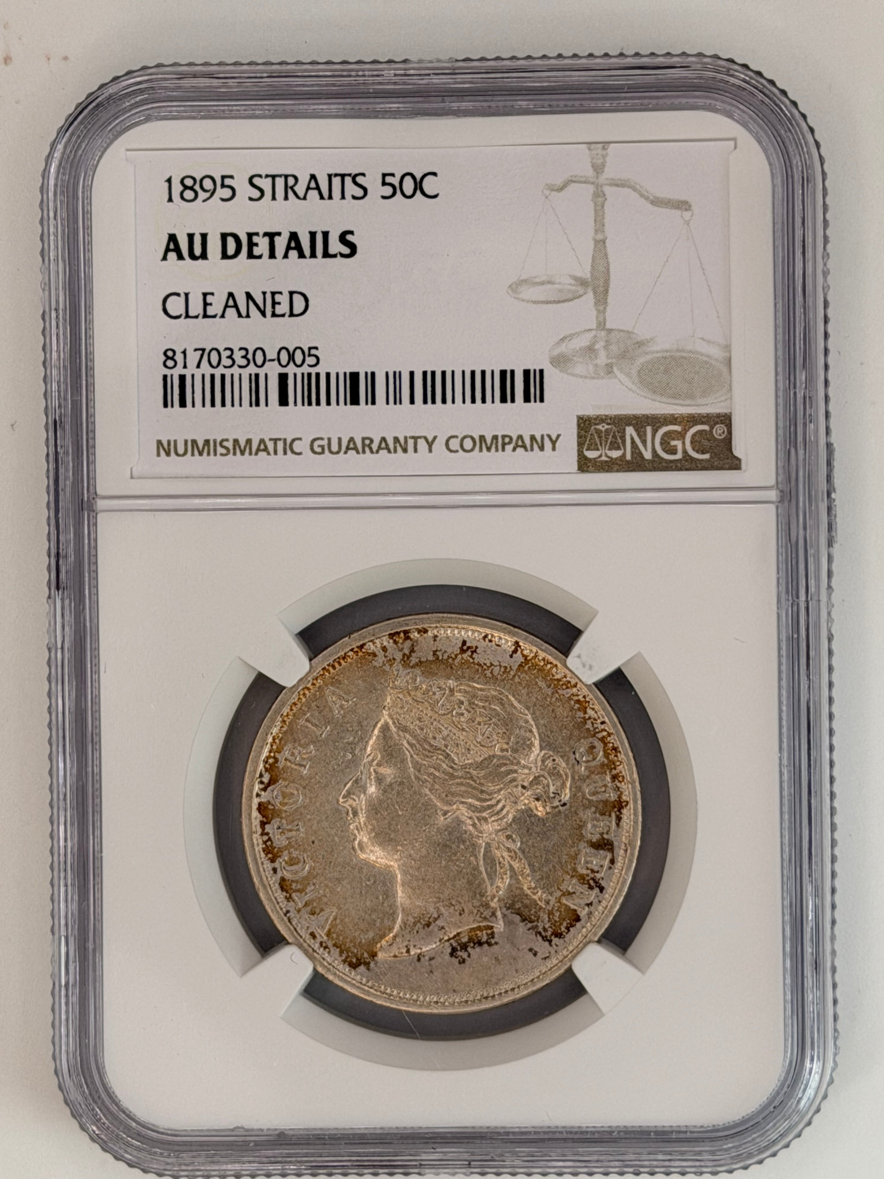 1895 Straits Settlements 50 Cents AU Details Cleaned NGC Silver Coin Obverse