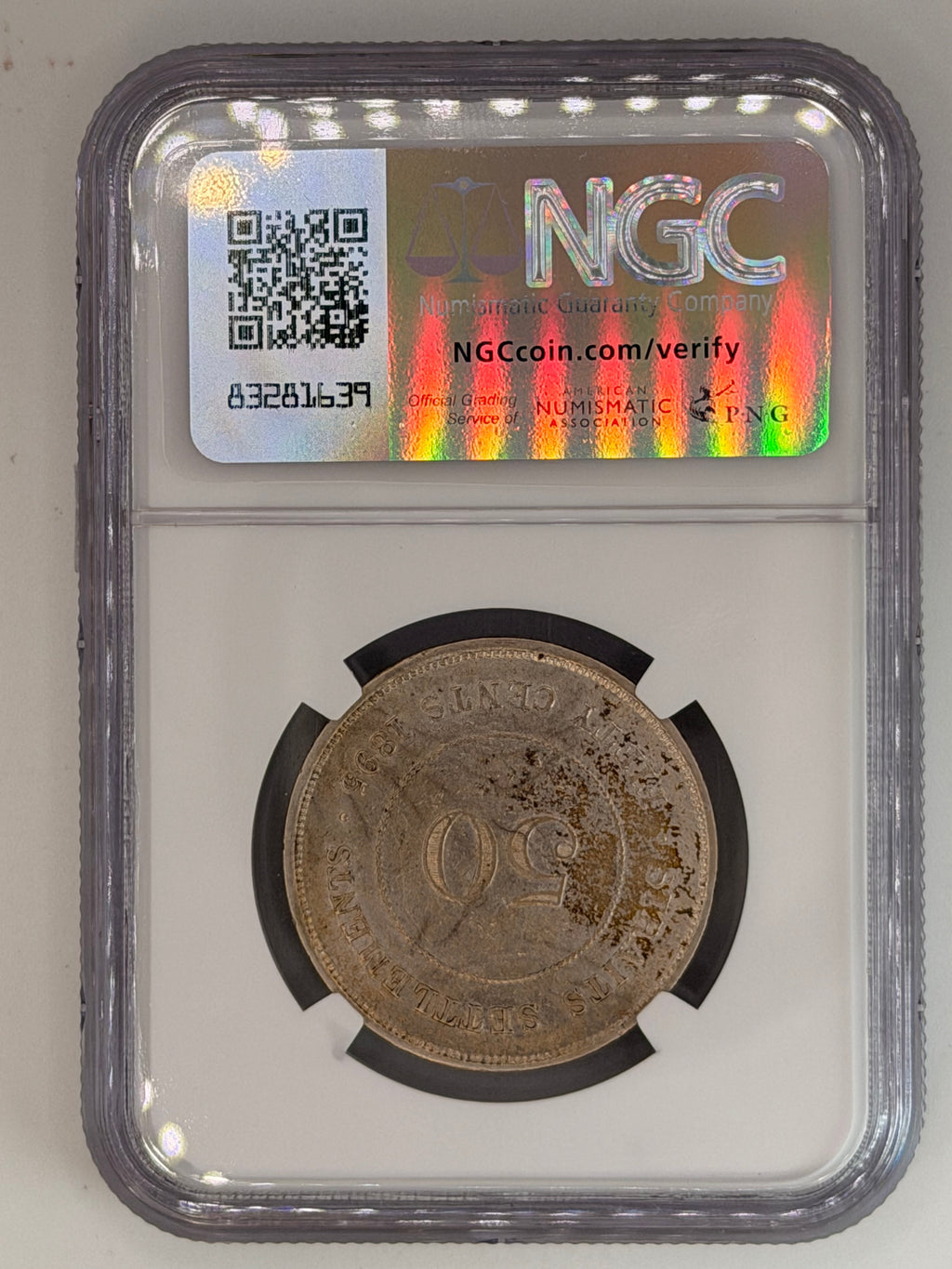 1895 Straits Settlements 50 Cents AU Details Cleaned NGC Silver Coin Reverse