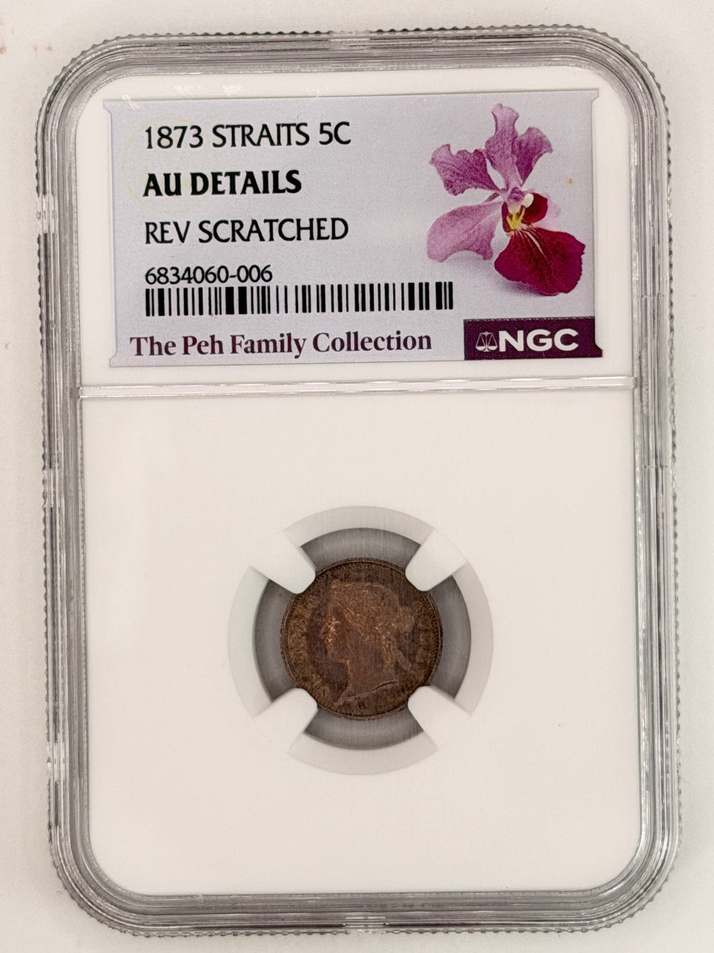 1873 Straits 5c AU Details Rev Scratched