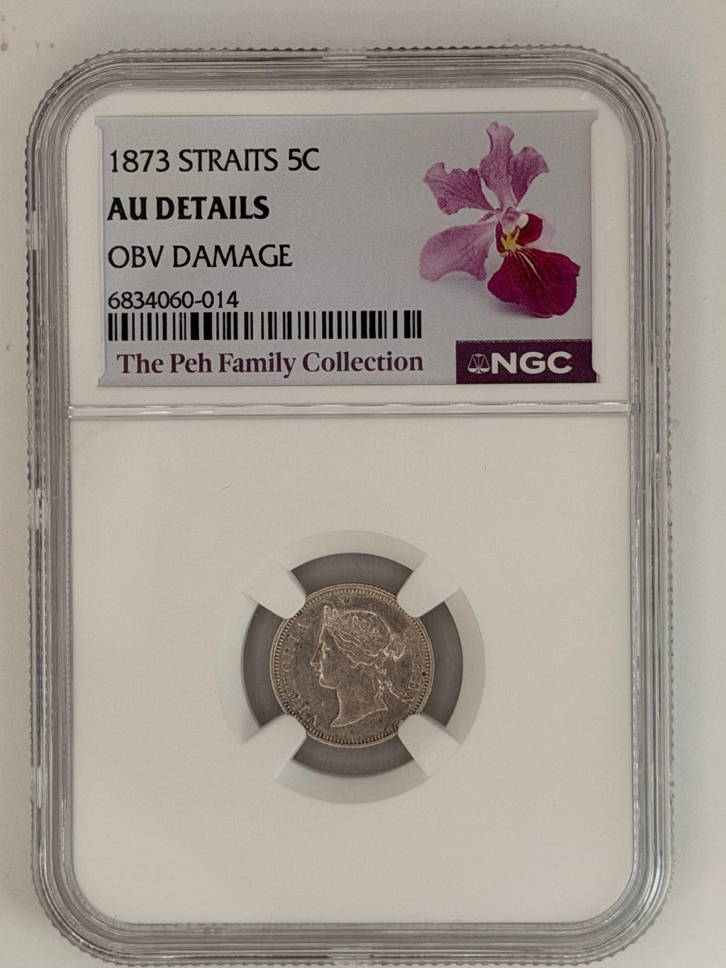 1873 Straits 5c AU Details Obv Damage