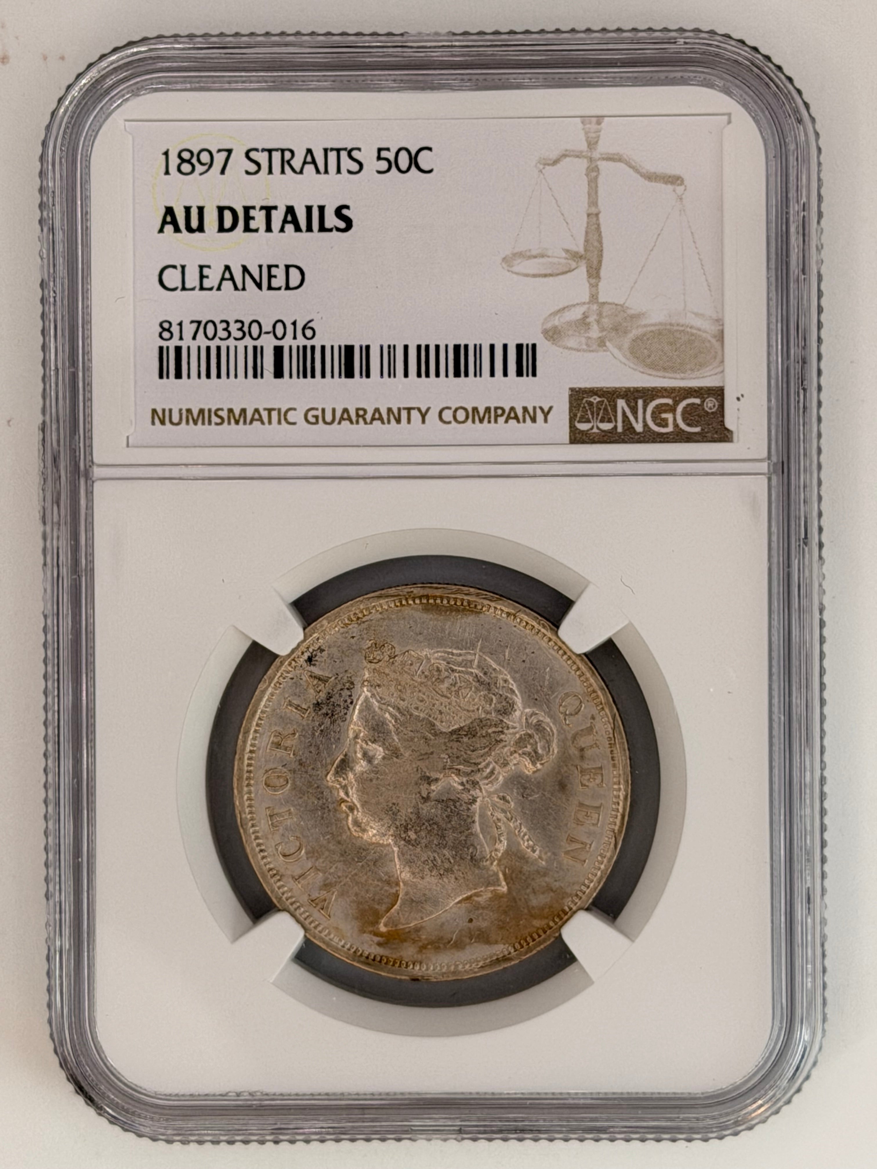 1897 - Straits 50 cents AU Details Cleaned