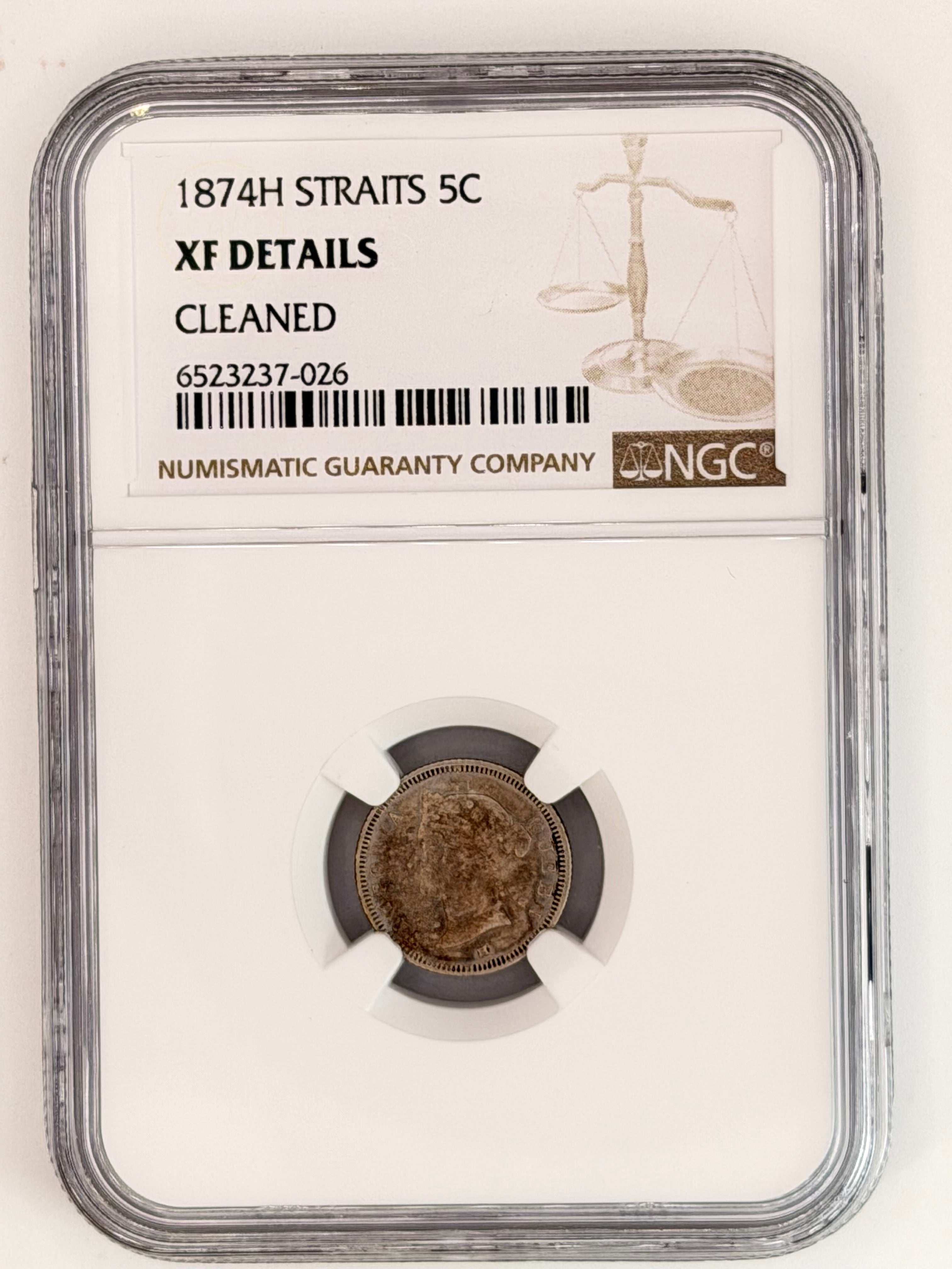 1874 - Straits 5 cents XF Details Cleaned