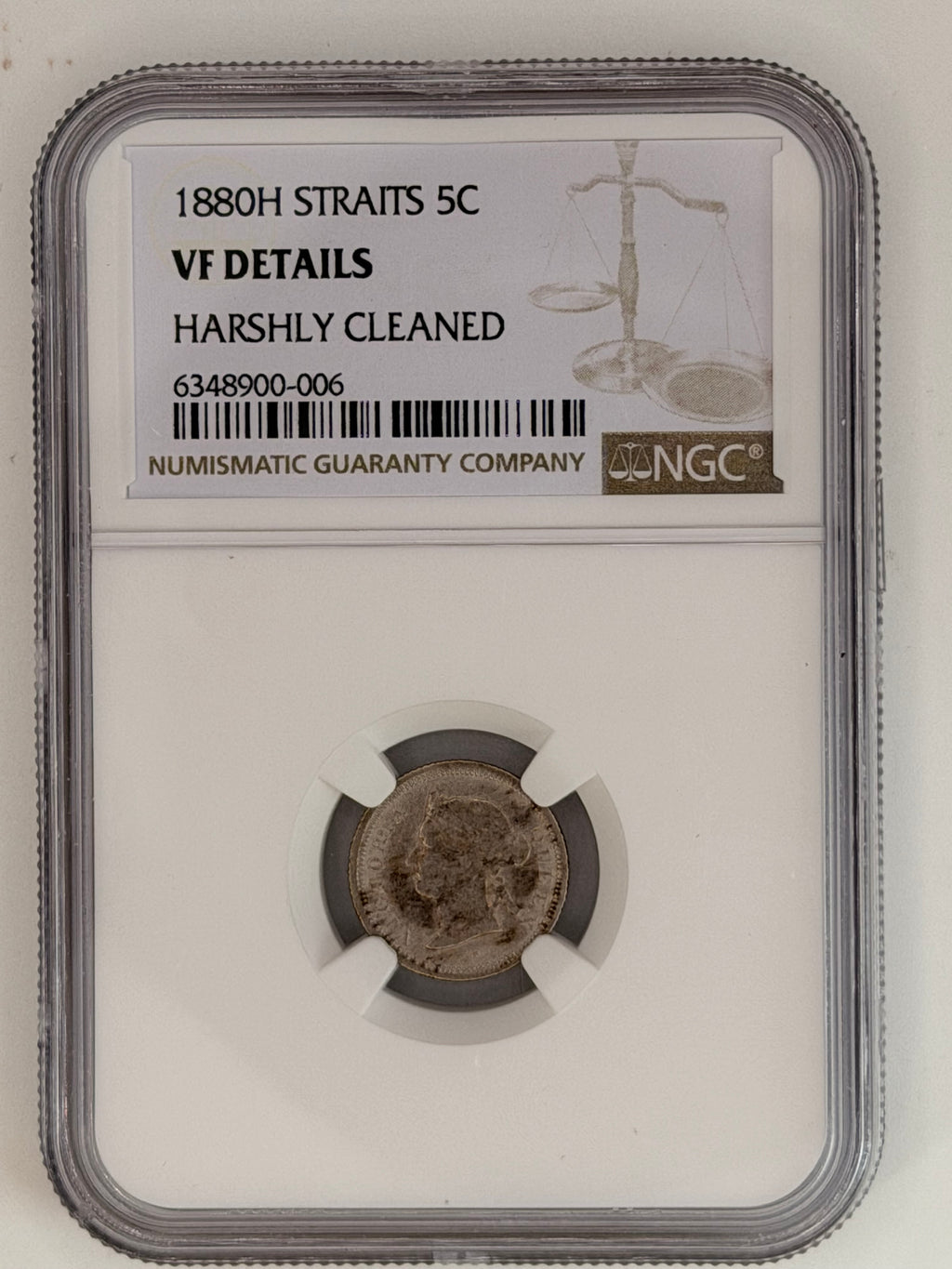 1880 - Straits 5 cents VF Details Harshly Cleaned RARE