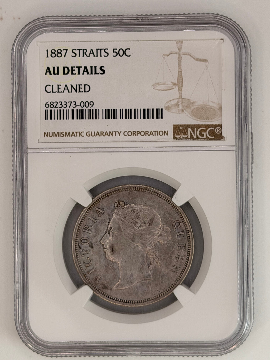1887 Straits Settlements 50 Cents AU Details Cleaned Silver Coin Obverse