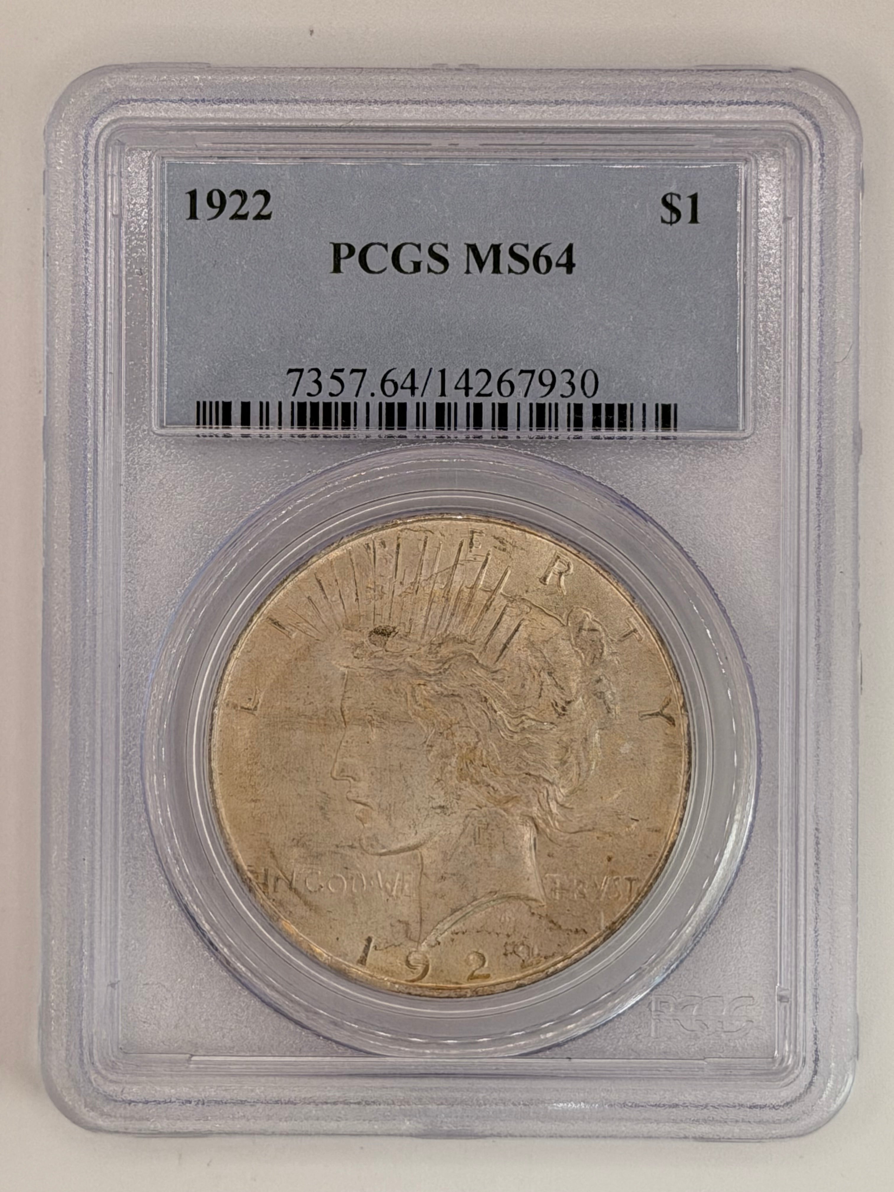1922 USA Peace Dollar PCGS MS64 Gem American Silver Dollar Obverse