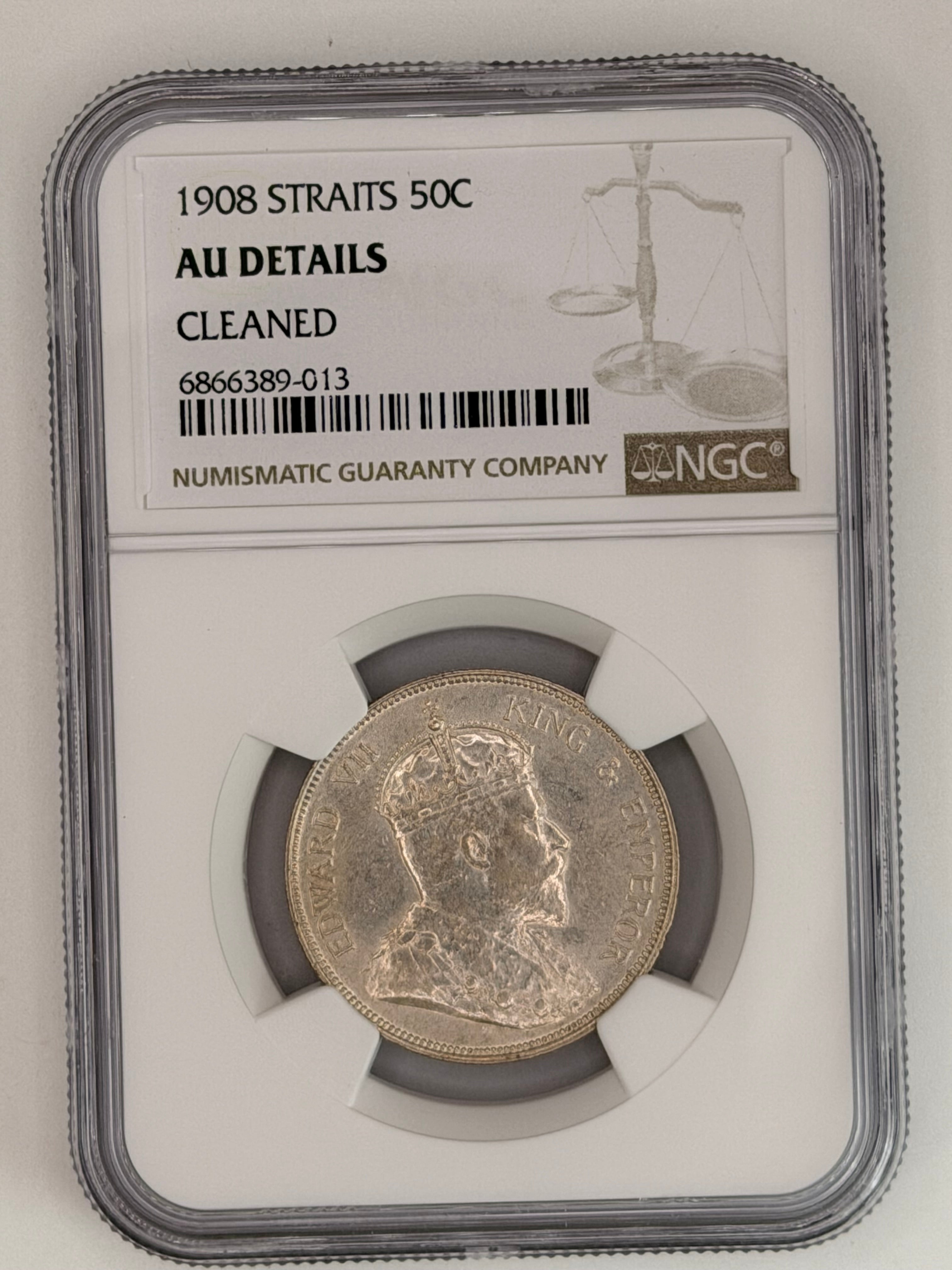 1908 Straits Settlements 50 Cents AU Details Cleaned Silver Coin Obverse