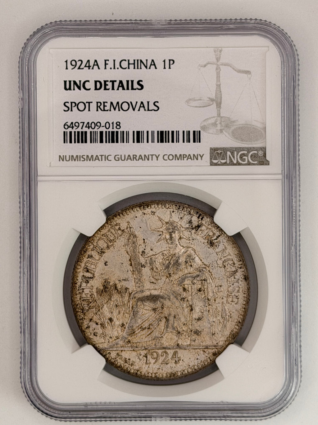 1924 French Indochina 1 Piastre UNC Details Spot Removals Colonial Silver Coin Obverse