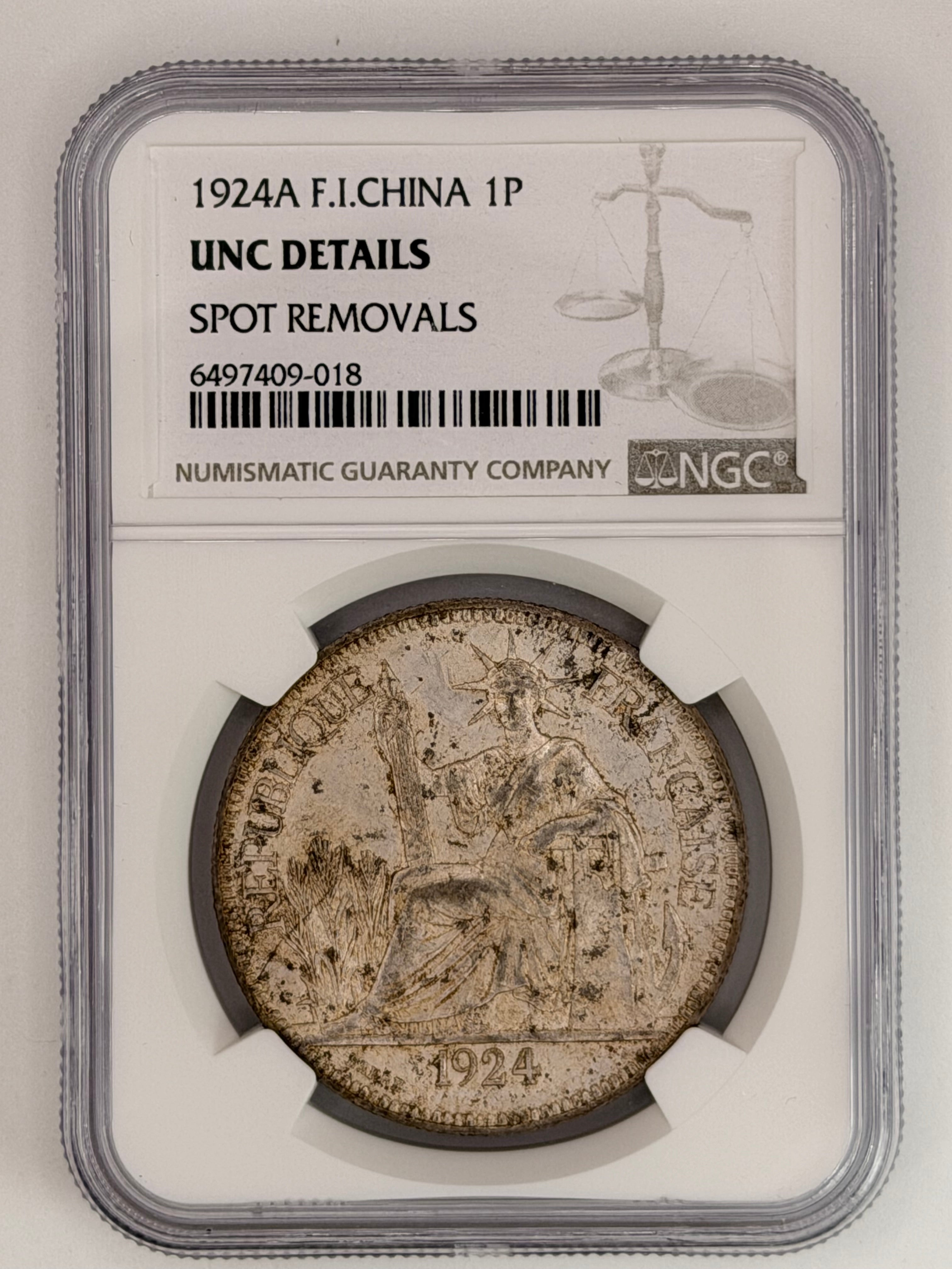 1924 French Indochina 1 Piastre UNC Details Spot Removals Colonial Silver Coin Obverse
