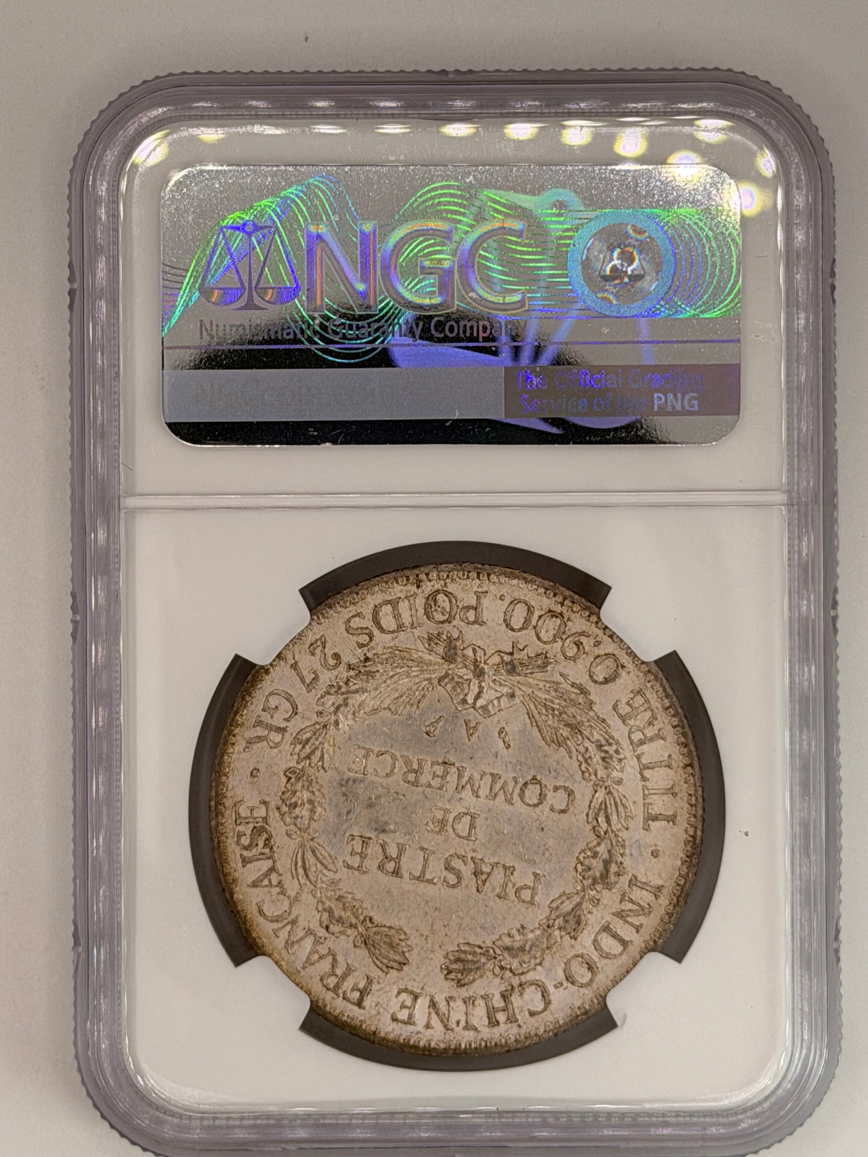 1924 French Indochina 1 Piastre UNC Details Spot Removals Colonial Silver Coin Reverse
