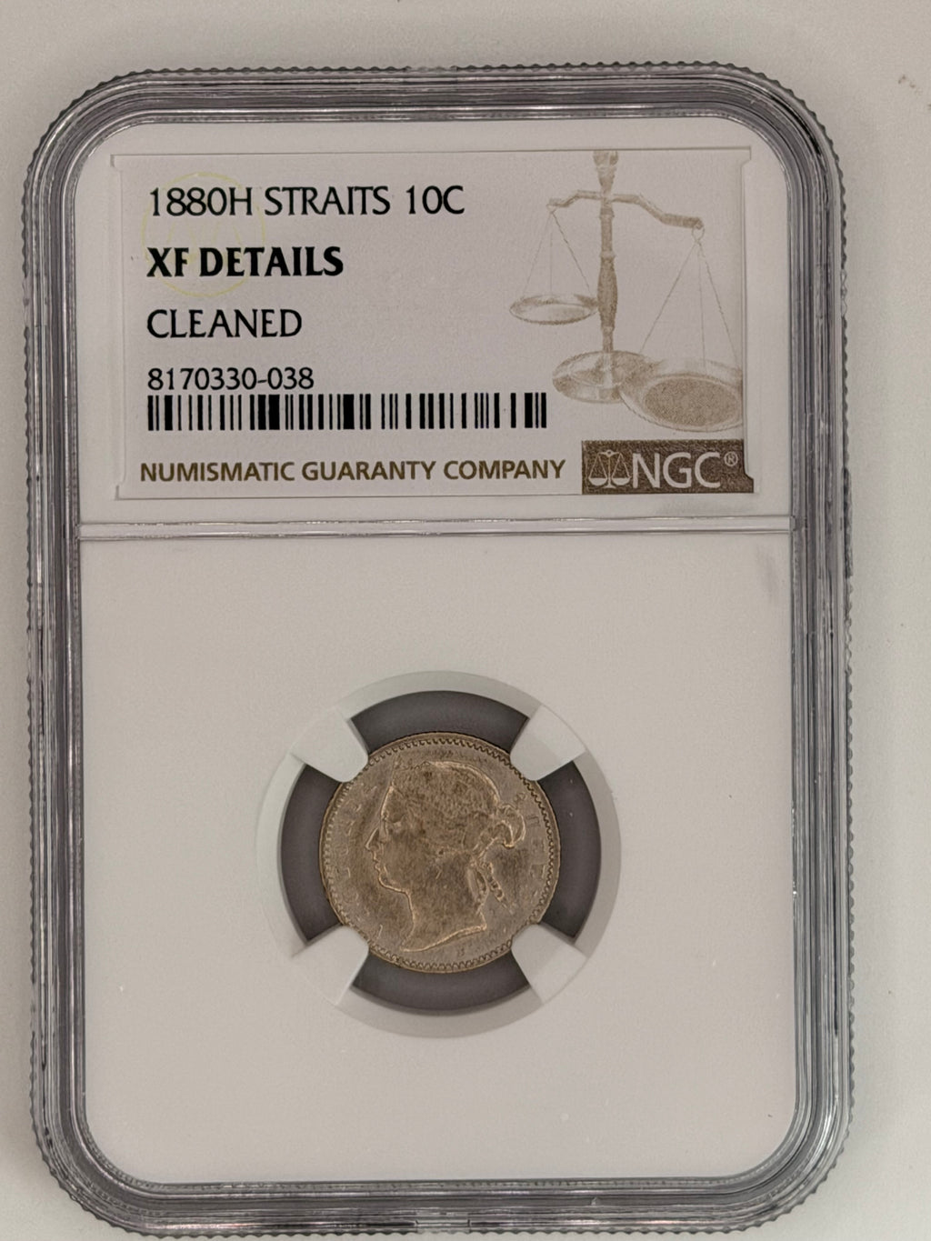 1880H - Straits 10 cents XF Details Cleaned