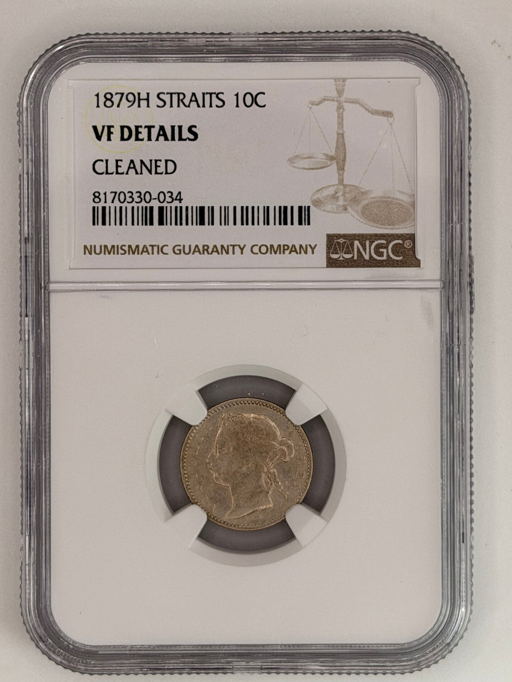 1879H - Straits 10C VF Details Cleaned