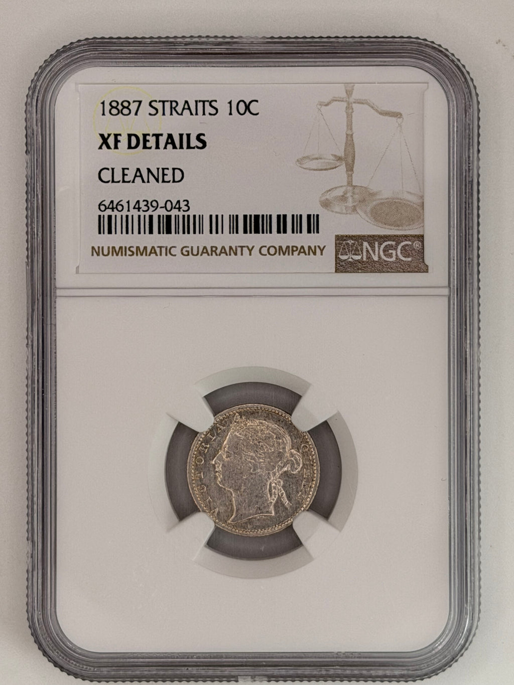 1887 Straits Settlements 10 Cents XF Details Cleaned Silver Coin Obverse