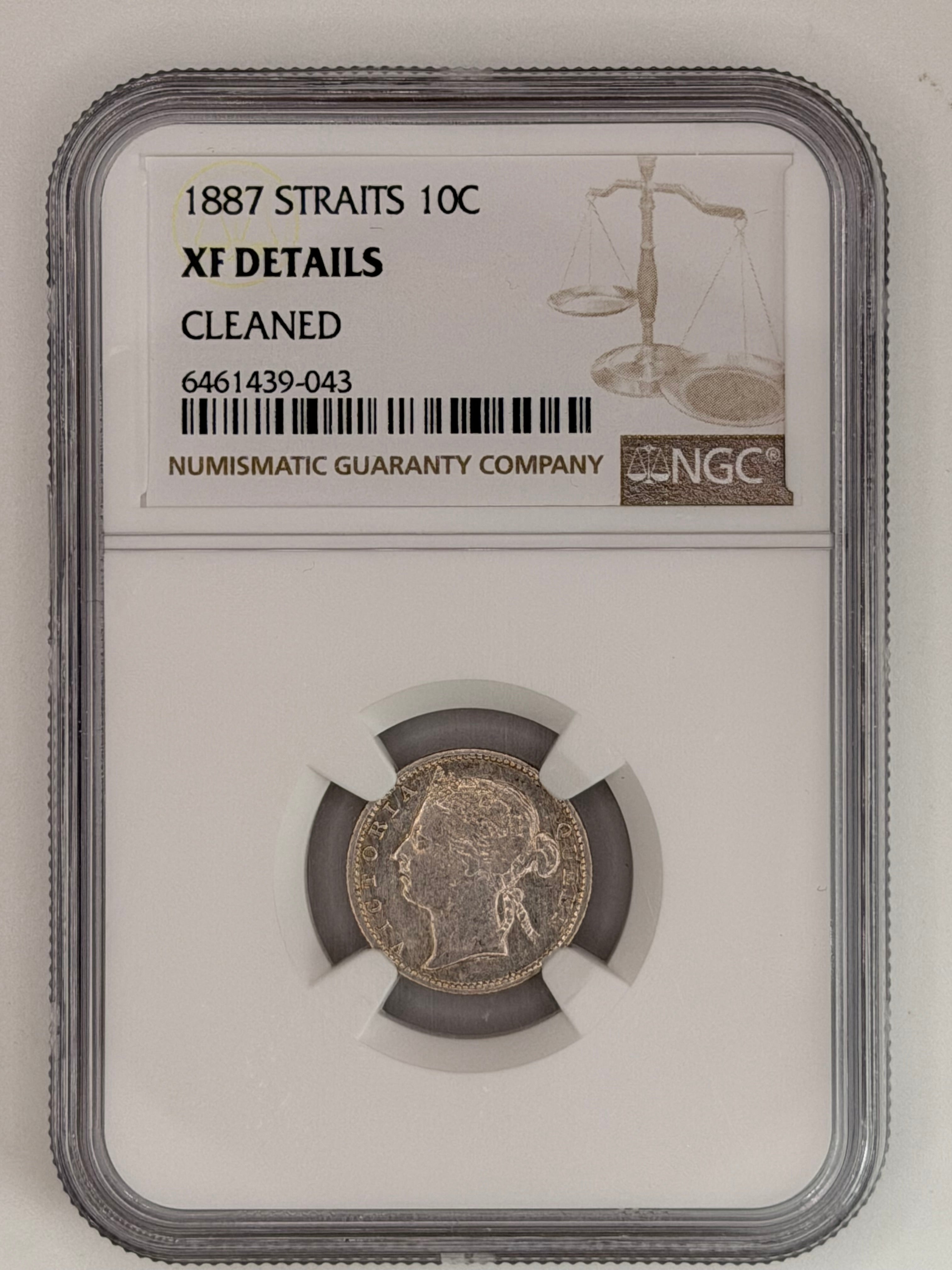 1887 Straits Settlements 10 Cents XF Details Cleaned Silver Coin Obverse
