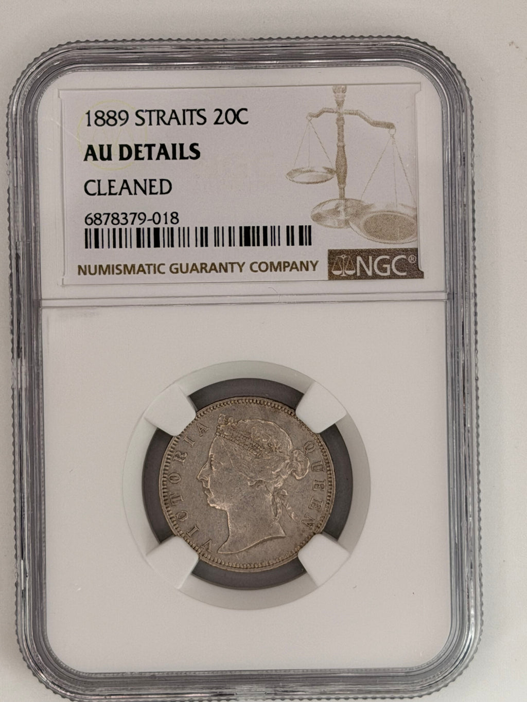 1889 Straits Settlements 20 Cents AU Details Cleaned Silver Coin Obverse